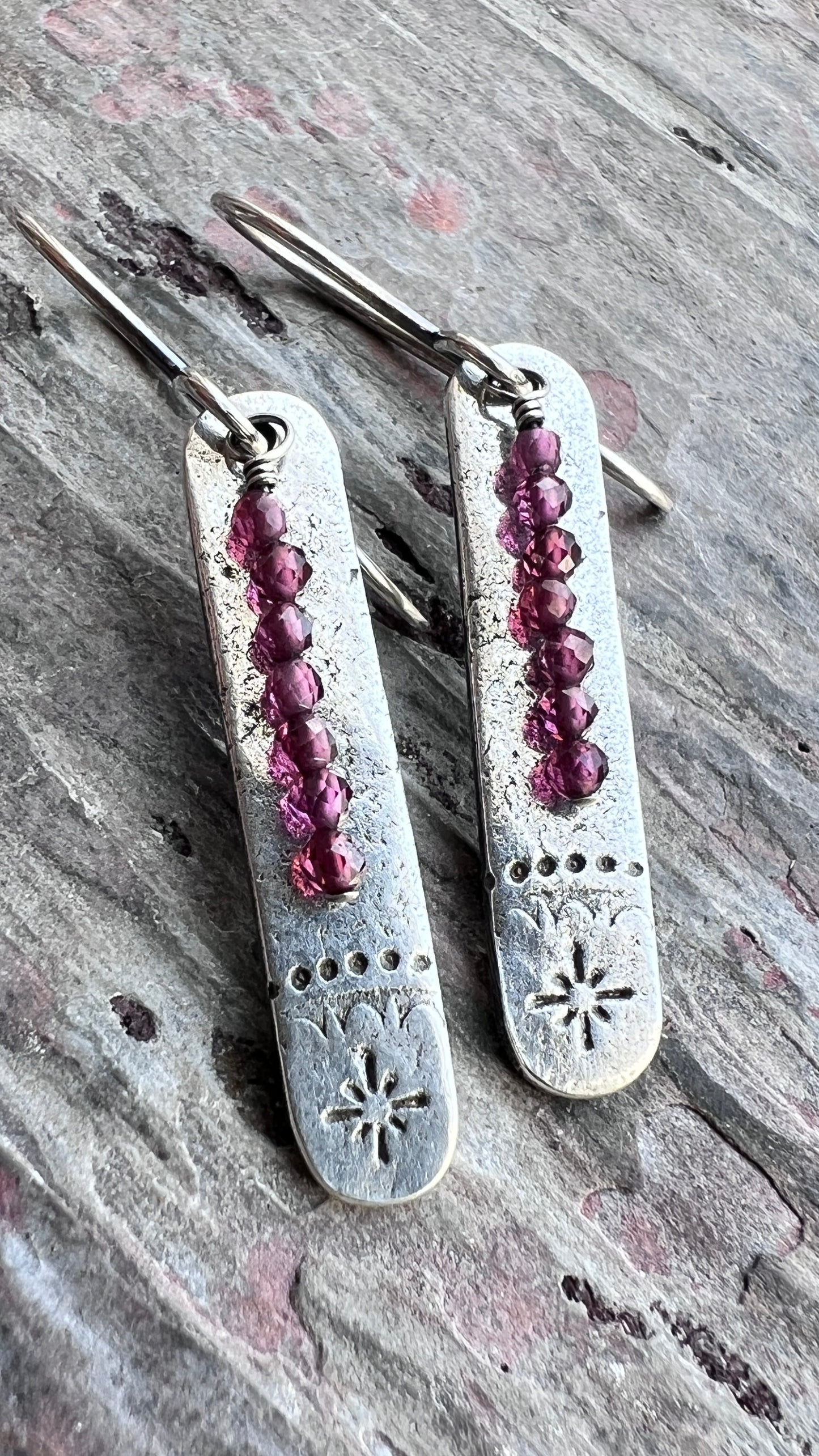 Garnet Sterling Silver Earrings | Stamped Silver and Genuine Garnet Elongated Dangles