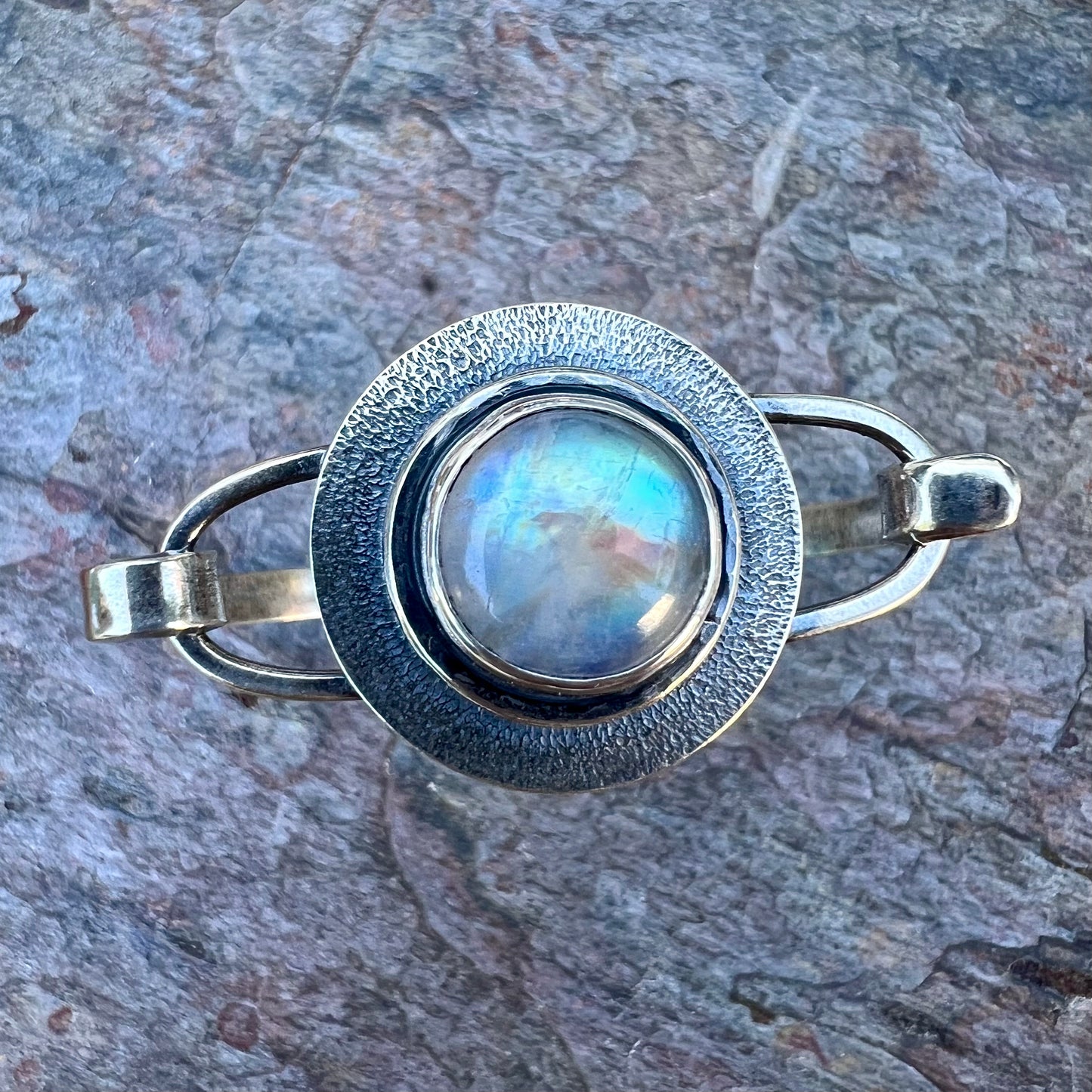 Rainbow Moonstone Sterling Silver Bracelet - Handmade One-of-a-kind Tension Cuff Bracelet