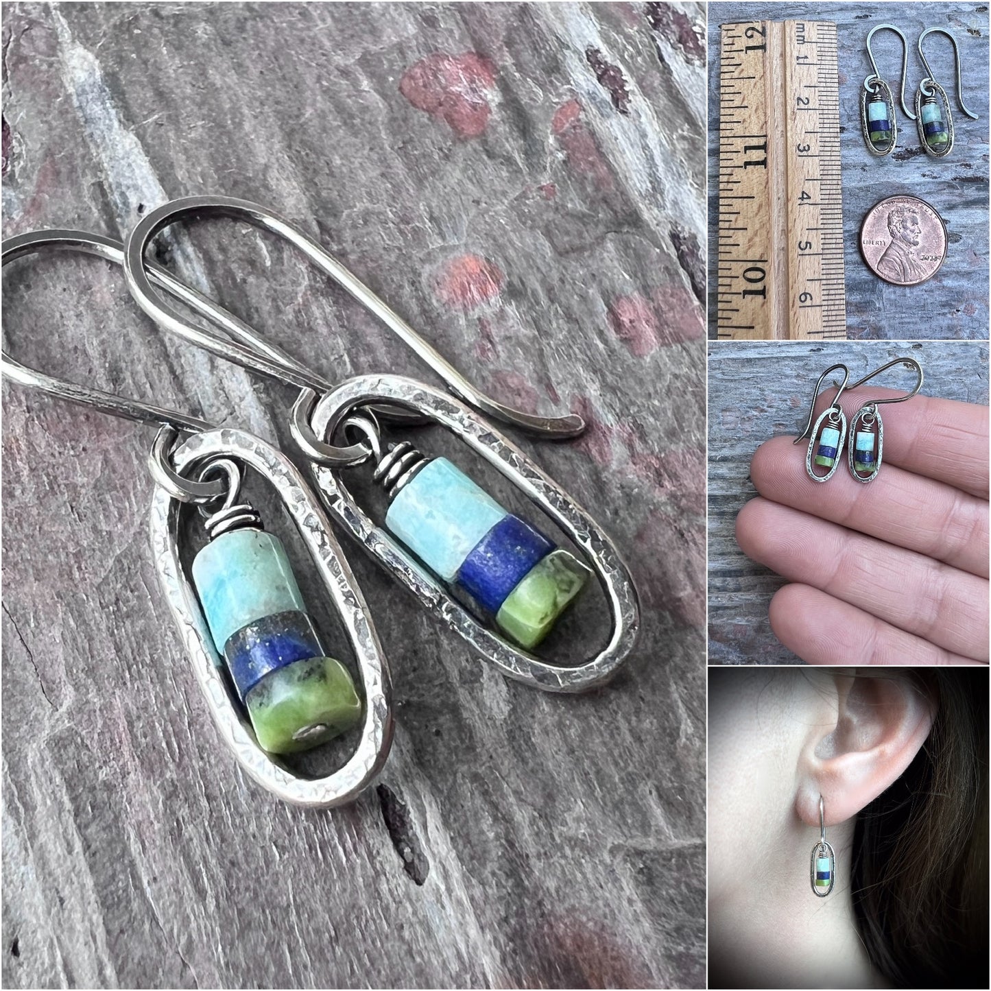Sterling Silver Genuine Stone Earrings | Amazonite, Lapis Lazuli, and Chrysoprase in Hammered Oval Dangles