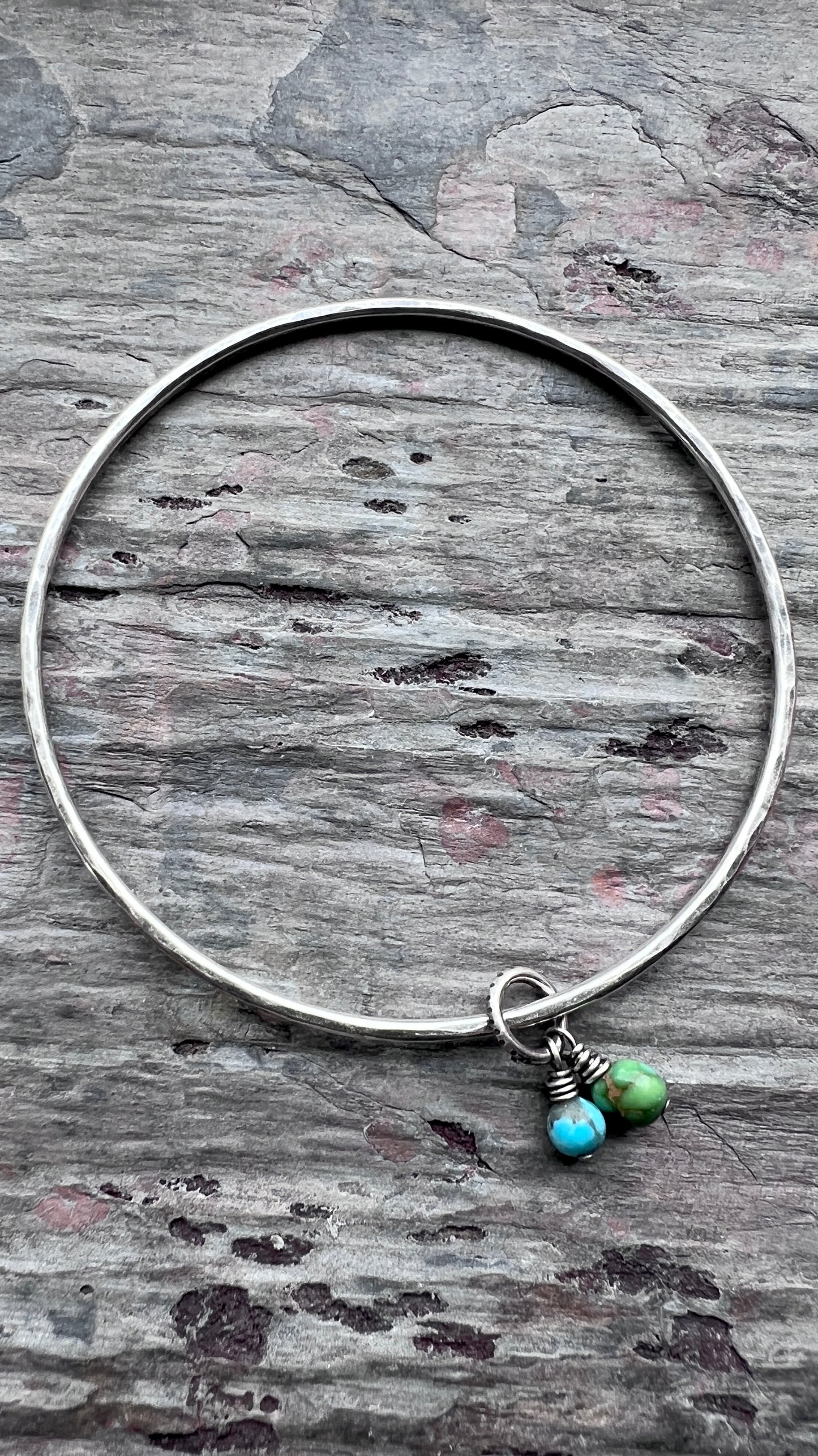 Sterling Silver Turquoise Bracelet | Genuine Turquoise and Hammered Silver Bangle Bracelet