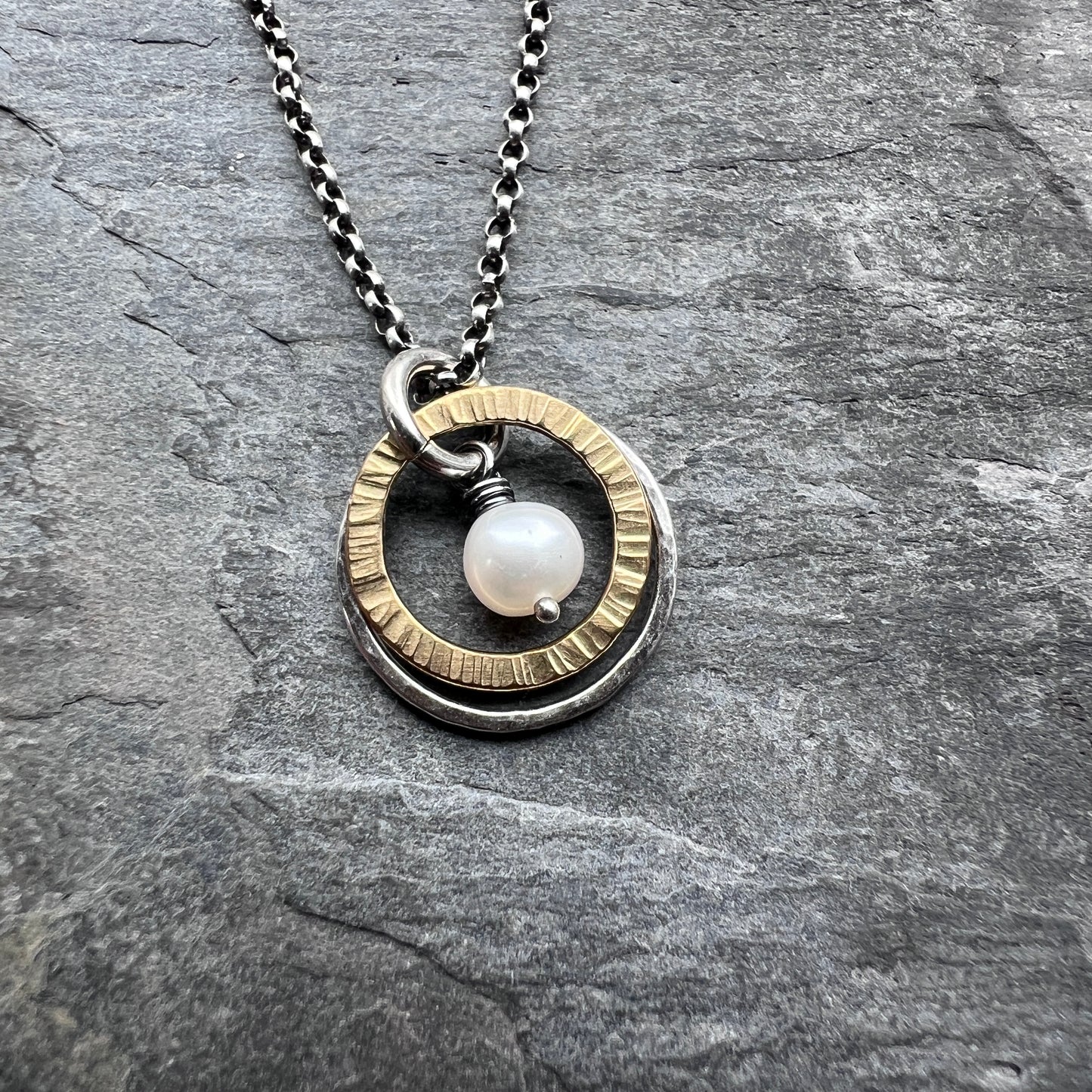 Dainty Pearl Sterling Silver Necklace | Mixed Metal White Pearl Pendant