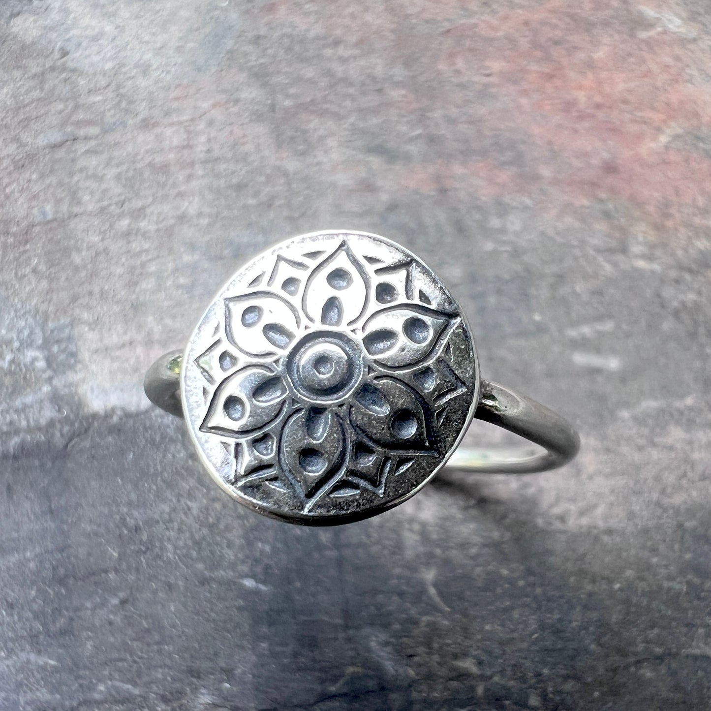 Sterling Silver Flower Medallion Ring | Stamped Silver Circle Floral Pattern Ring