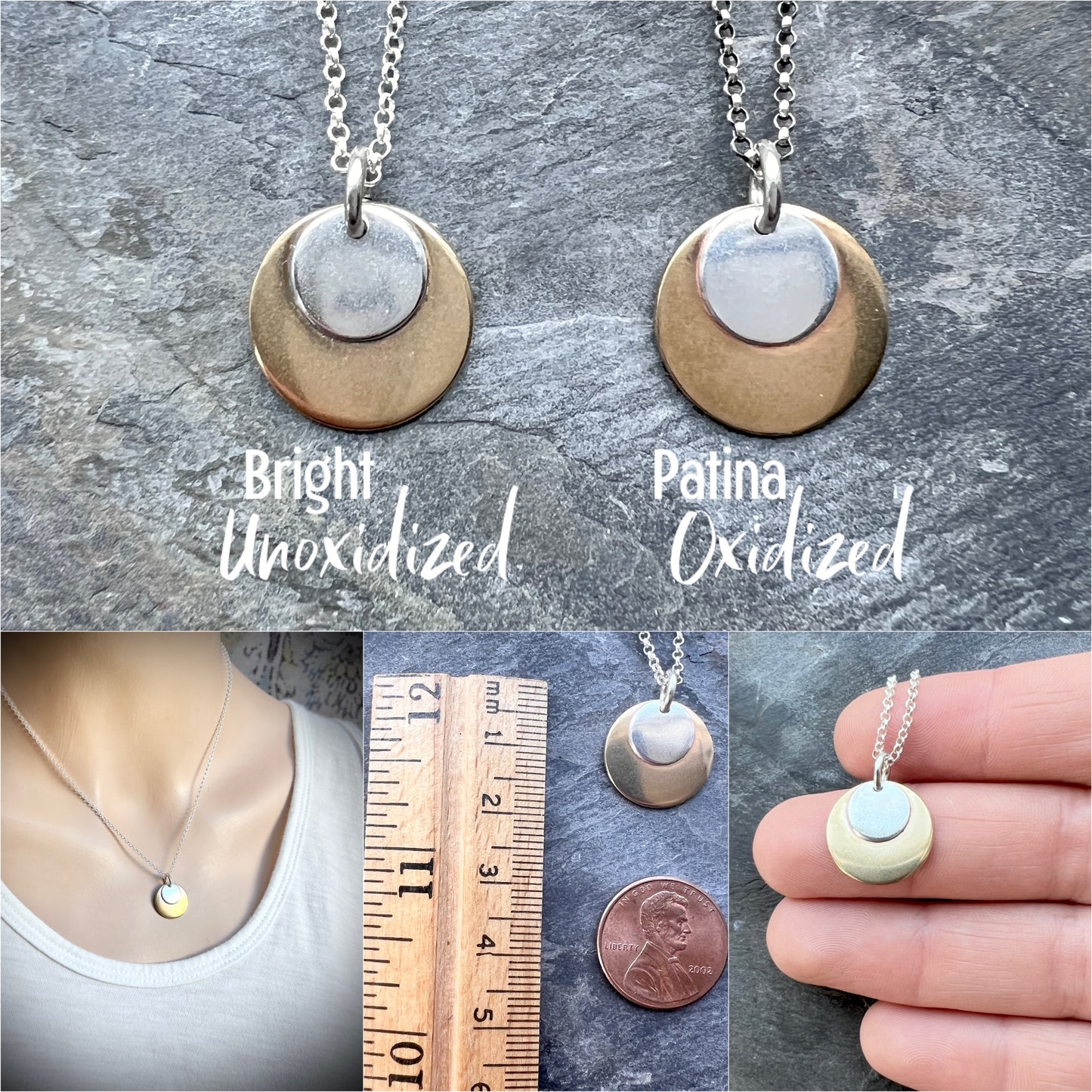 Sterling Silver and Gold Brass Necklace | Mixed Metal Layered Circle Pendant