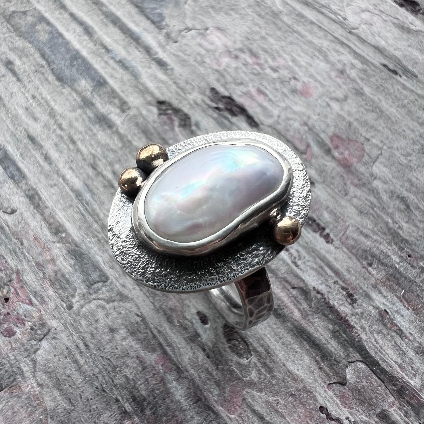 Sterling Silver Baroque Pearl Ring | Genuine Natural Pearl with Golden Brass Accents - Size 7.75