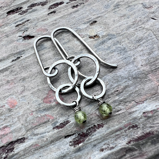 Customizable Sterling Silver Birthstone Earrings | Genuine Gemstone and Small Hammered Circles Dangle Earrings