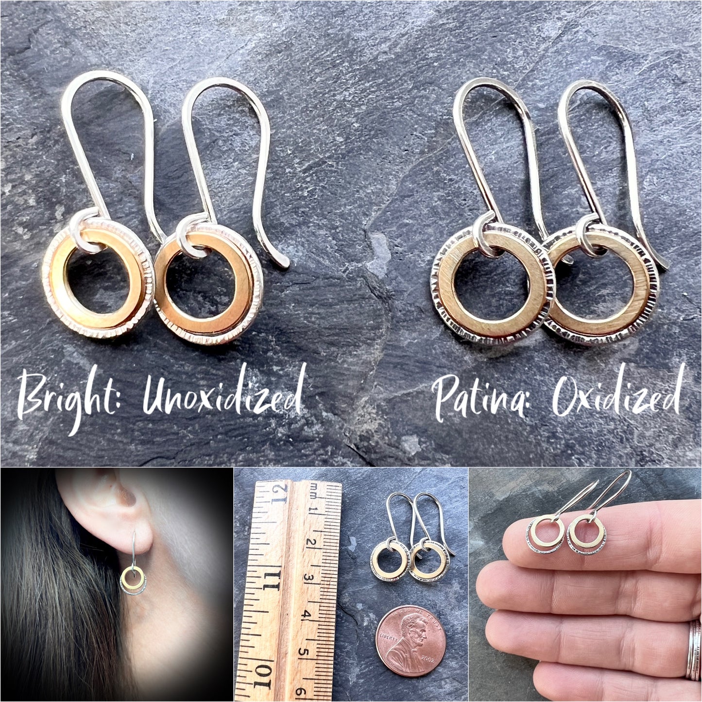 Sterling Silver and Brass Earrings | Mixed Metal Tiny Ring Dangles