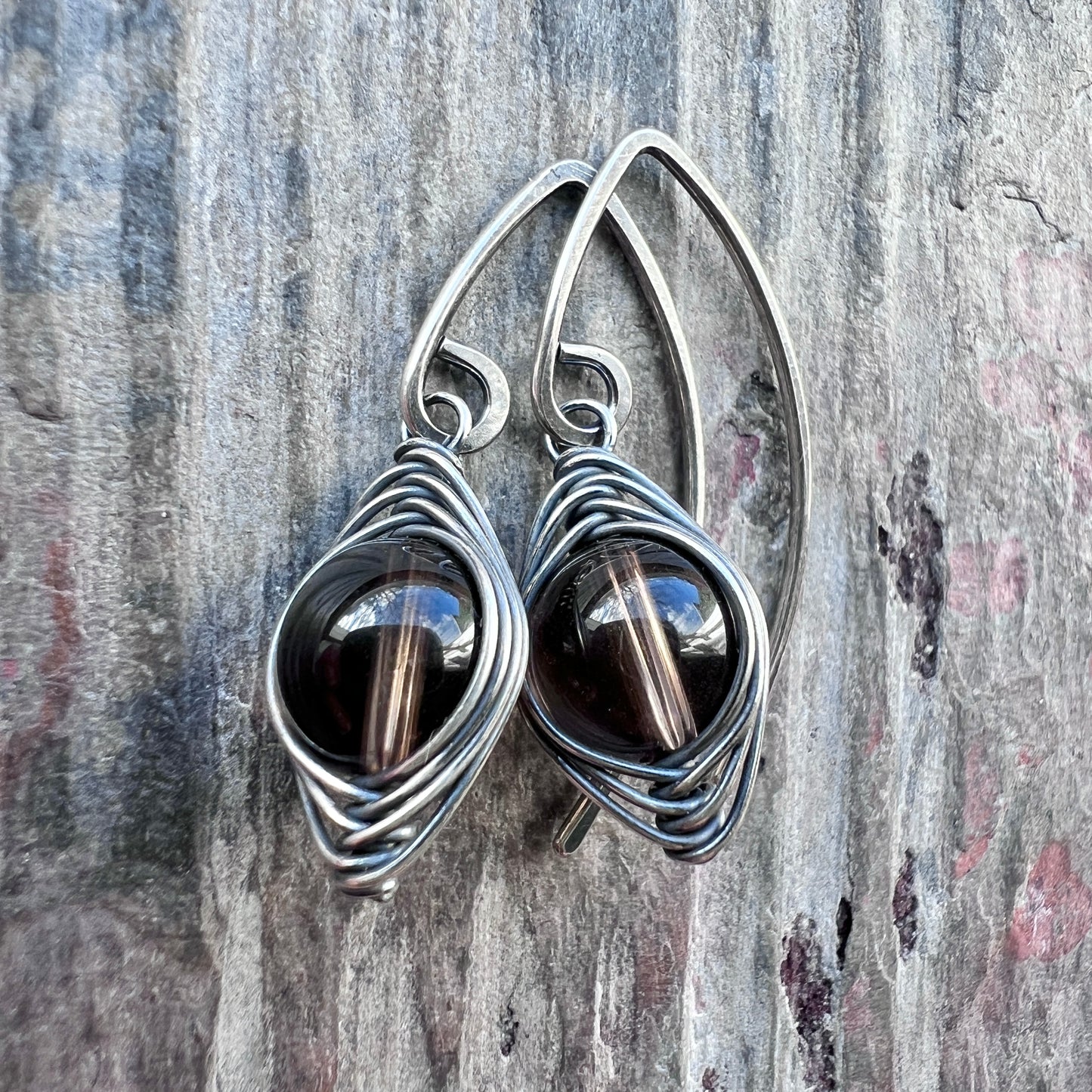 Sterling Silver Smoky Quartz Earrings | Brown Natural Stone Wire-wrapped Dangle Earrings