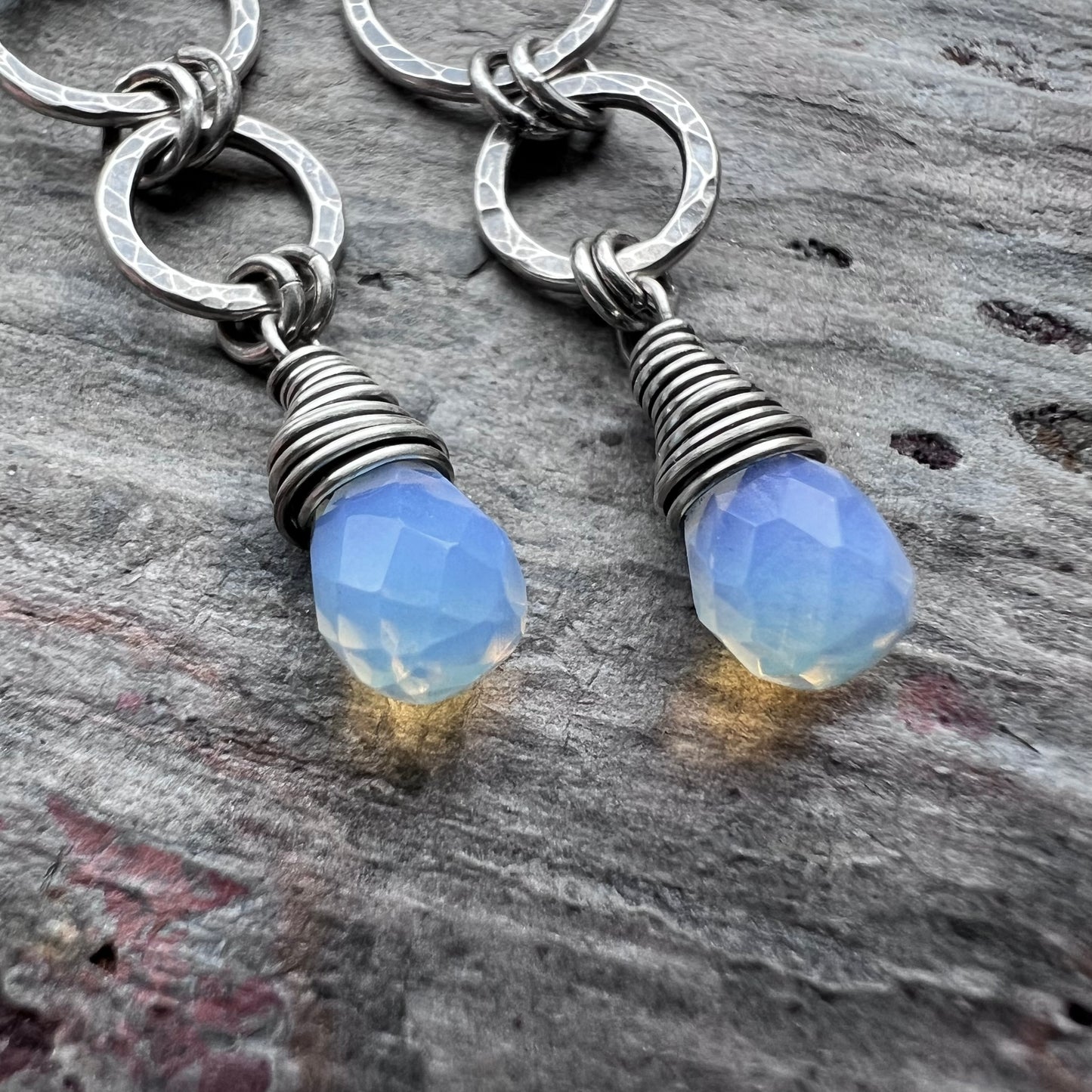 Sterling Silver Opalite Earrings | Opalite Teardrops on Hammered Rings Long Dangle Earrings
