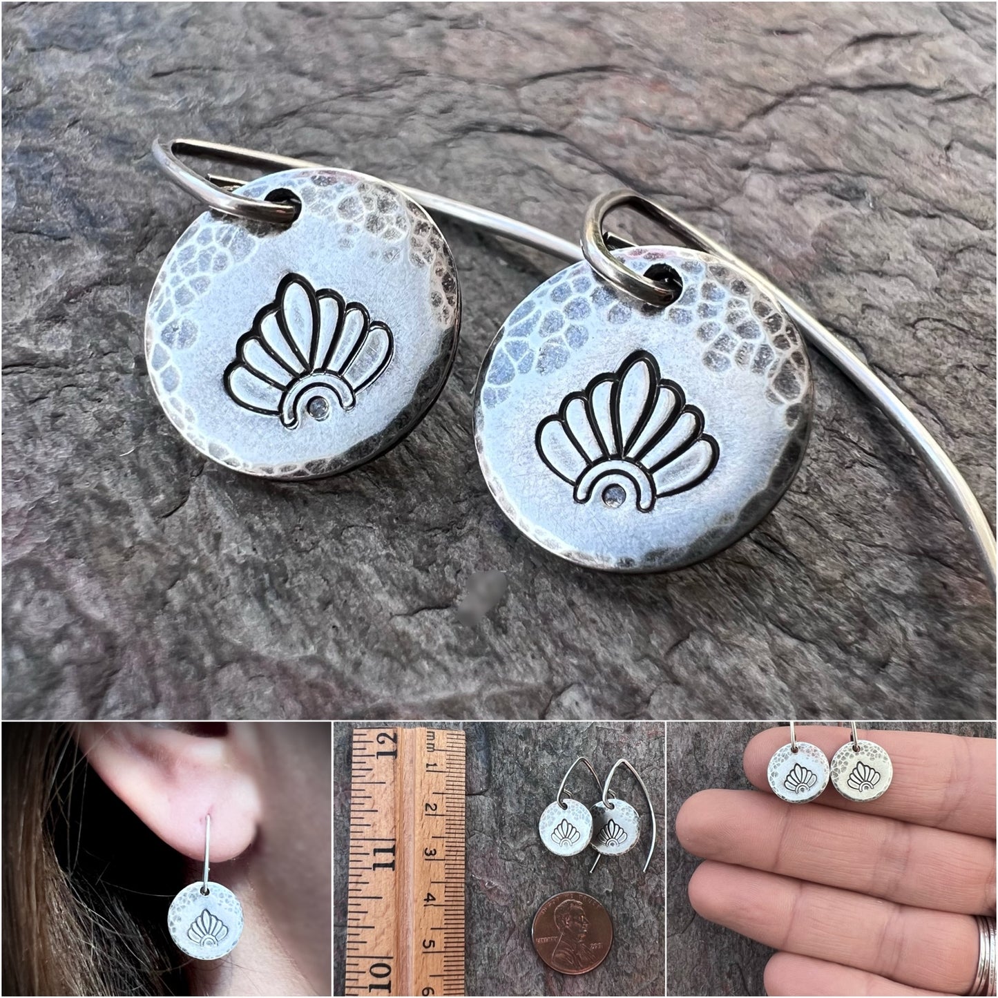 Sterling Silver Stamped Flower Petal Earrings | Small Hammered Circle Dangle Earrings