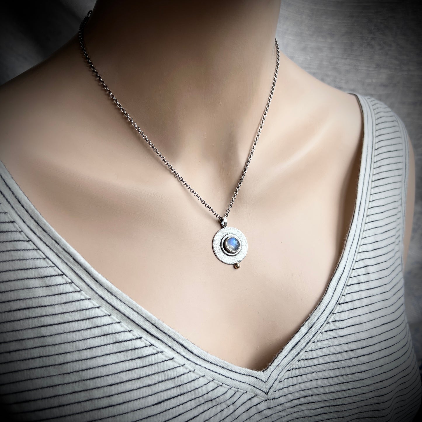 Rainbow Moonstone Sterling Silver Necklace | Circle Rainbow Moonstone Pendant Necklace