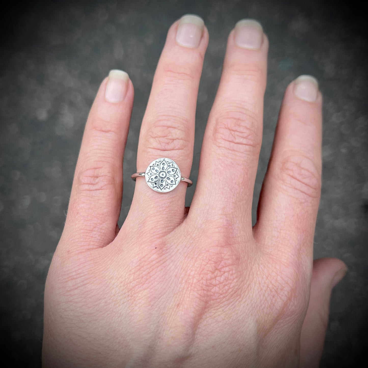 Sterling Silver Flower Medallion Ring | Stamped Silver Circle Floral Pattern Ring