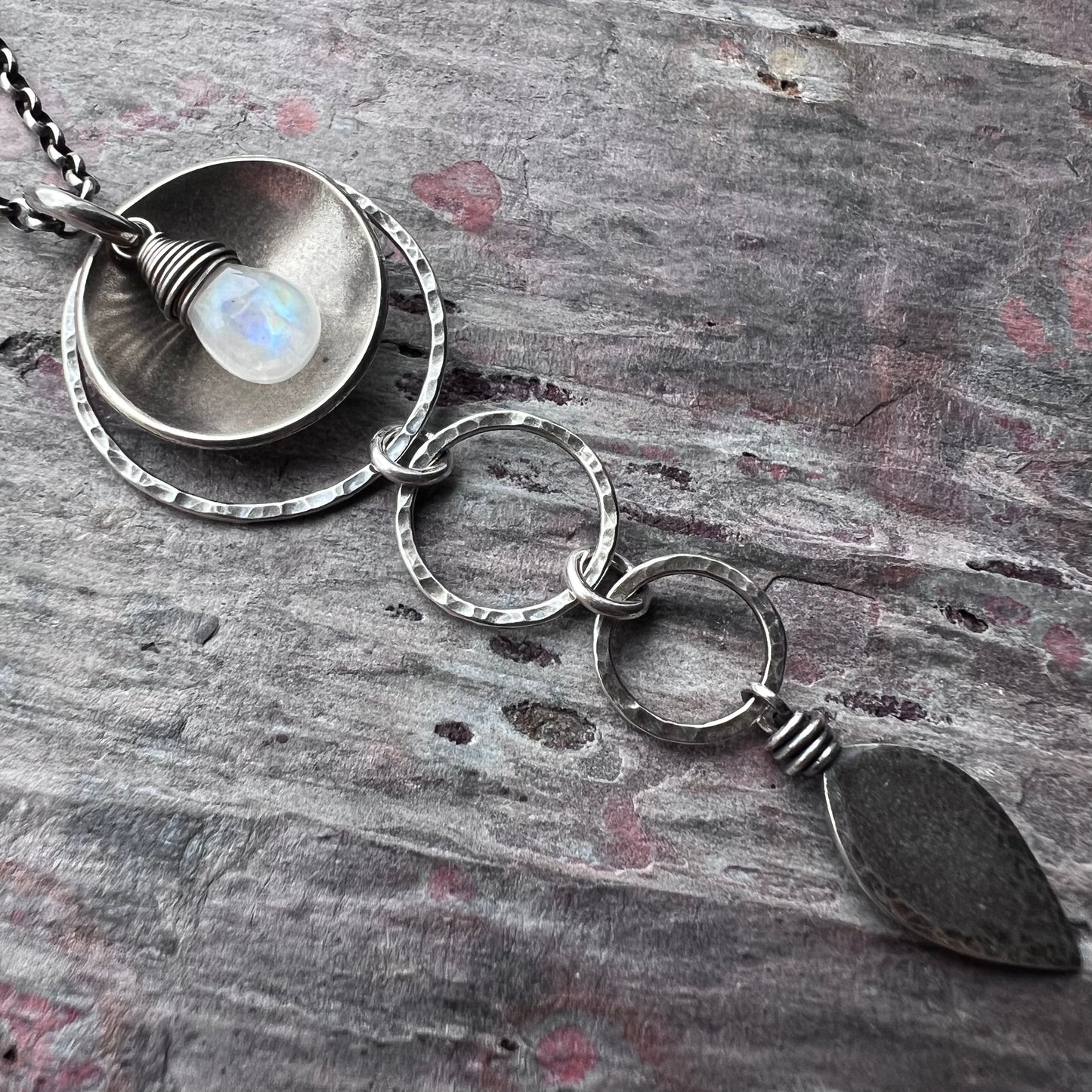 Sterling Silver Rainbow Moonstone Necklace | Hammered Silver Rings and Moonstone Pendant Necklace