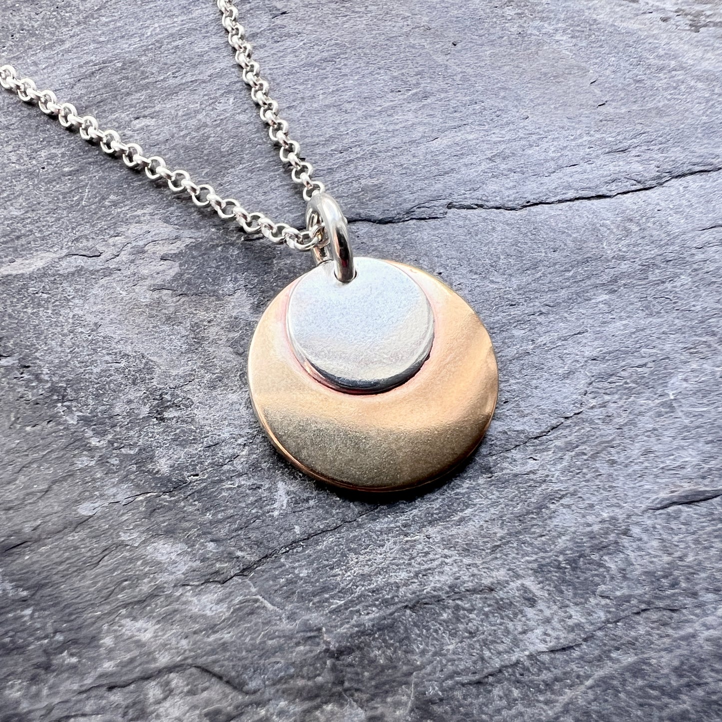Sterling Silver and Gold Brass Necklace | Mixed Metal Layered Circle Pendant
