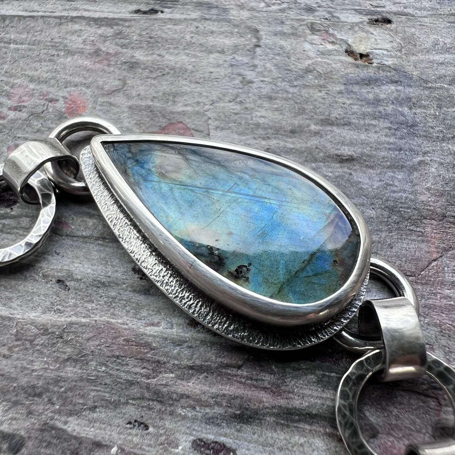 Labradorite Sterling Silver Bracelet | One-of-a-kind Natural Stone Hammered Link Bracelet