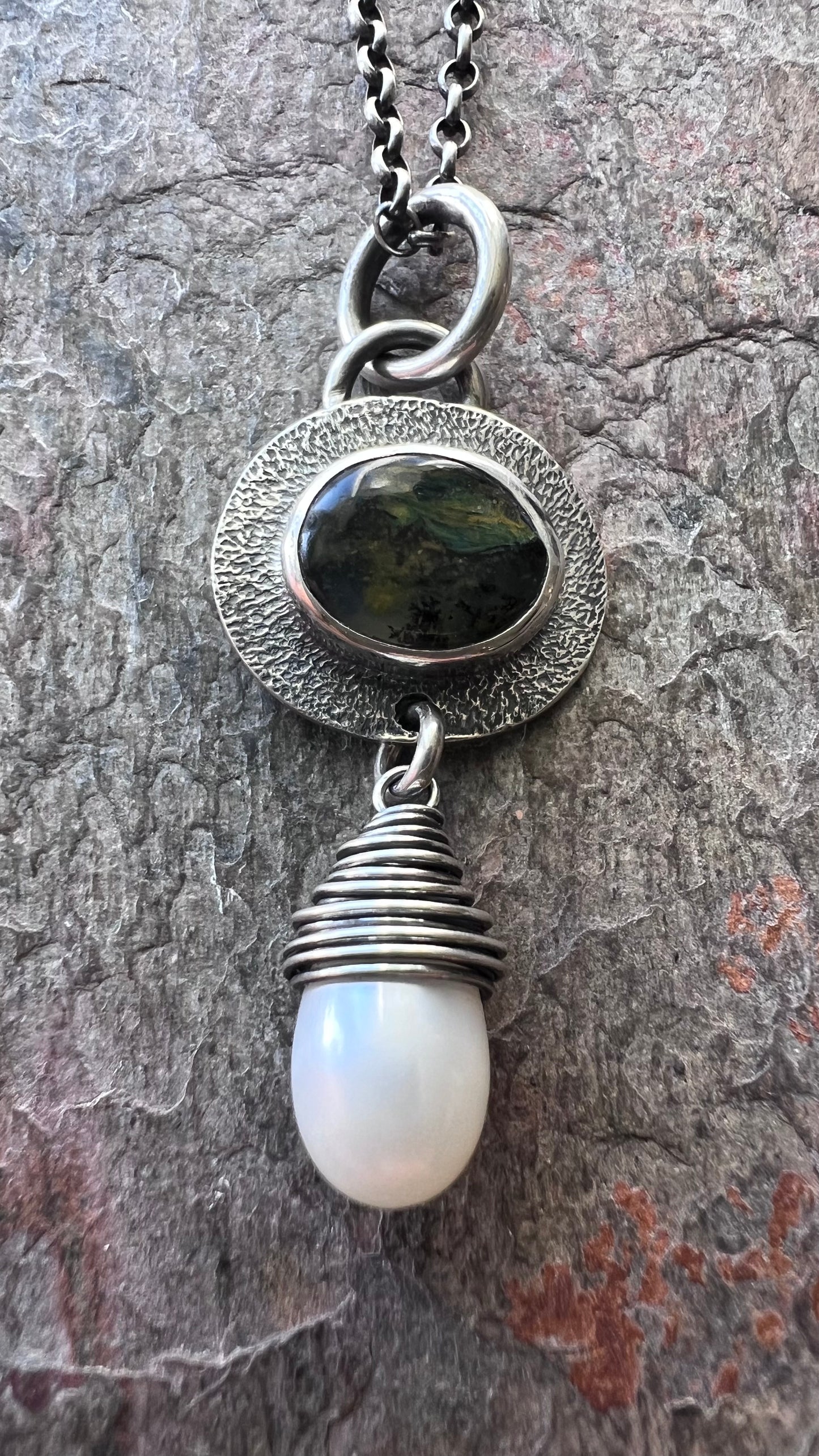 Sterling Silver Opal and Pearl Necklace - Genuine Peruvian Opal and Fresh Water Pearl Pendant - Handmade Jewelry Unique Gift for Her