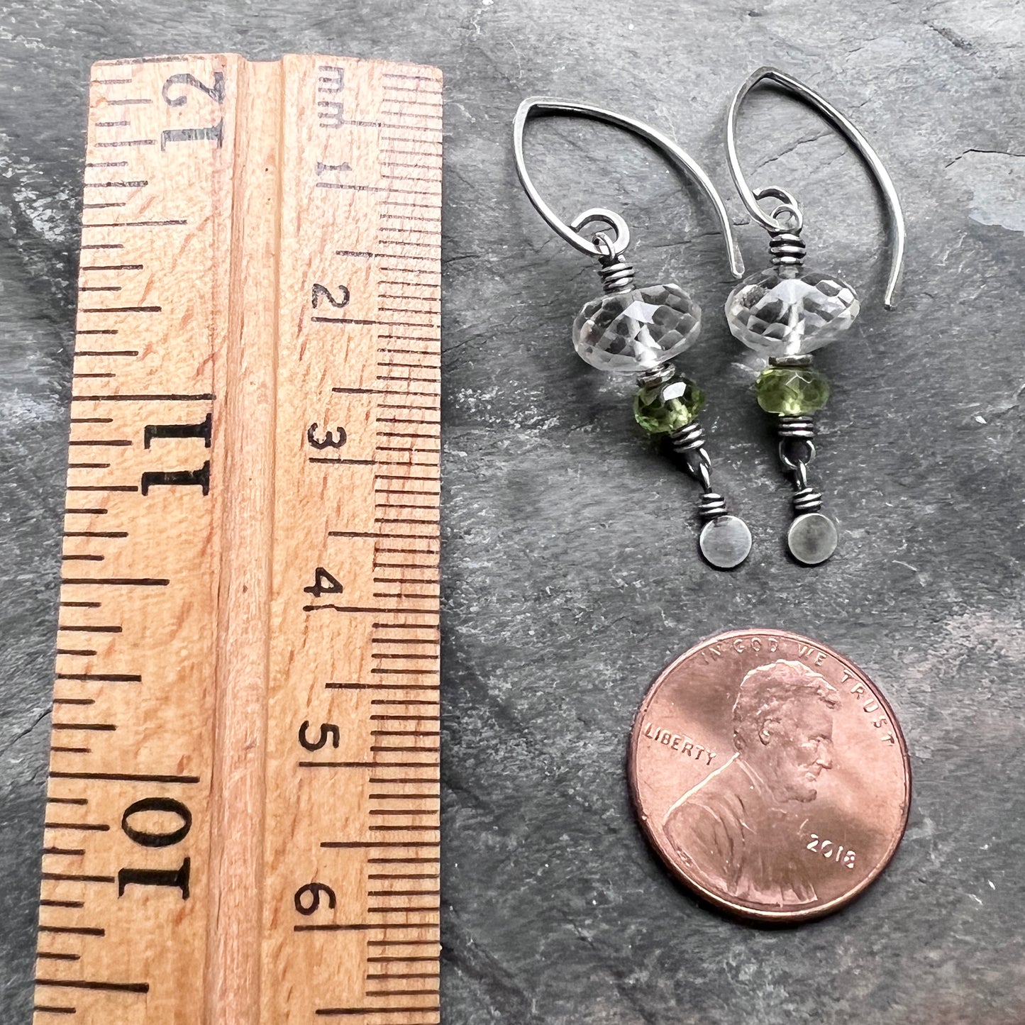 Sterling Silver Peridot and Crystal Quartz Earrings | Green and Clear Natural Stone Dangles