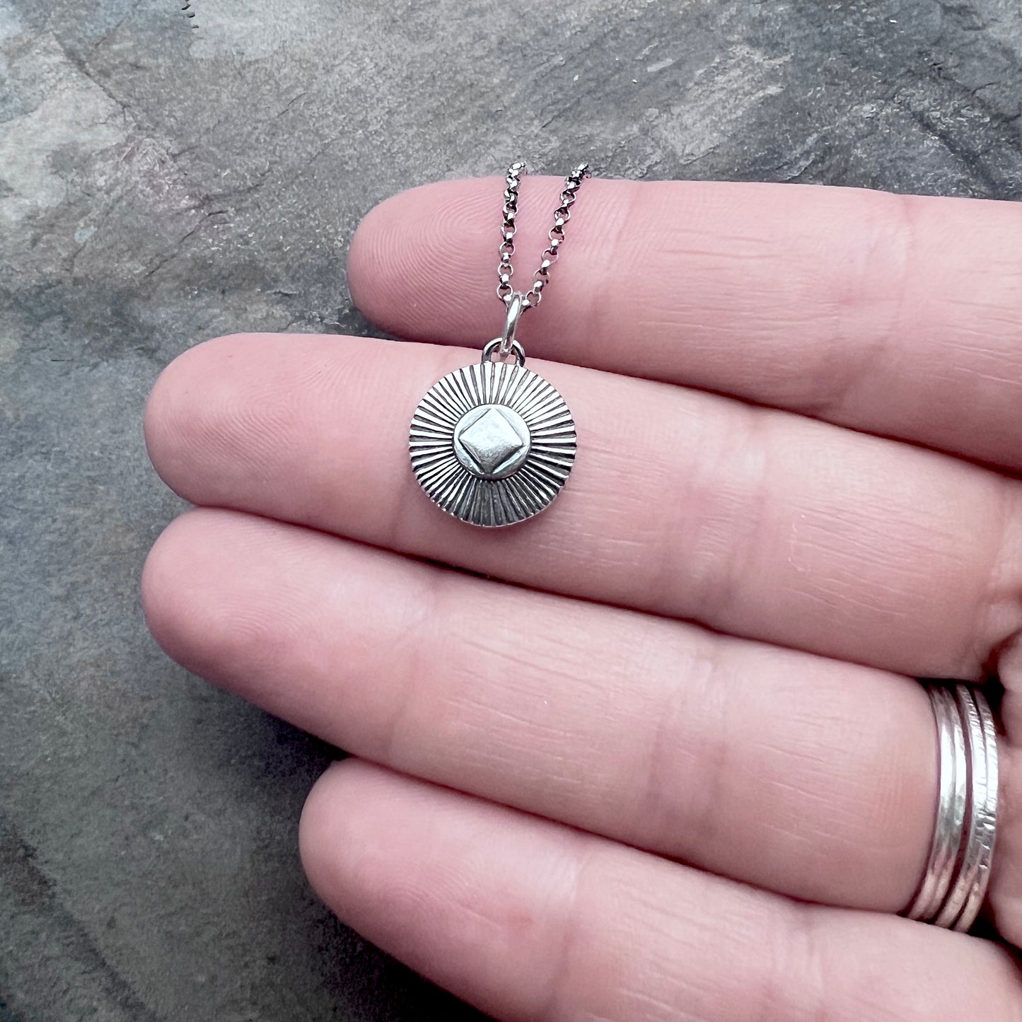 Sterling Silver Diamond Circle Necklace | Small Stamped Silver Pendant on Lightweight Chain