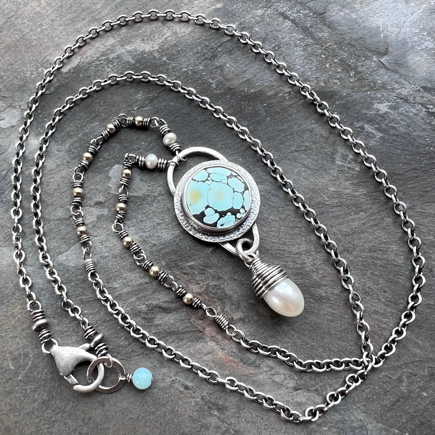 Sterling Silver Turquoise and Pearl Necklace | Natural Turquoise Cabochon with Wire-wrapped Pearl Pendant