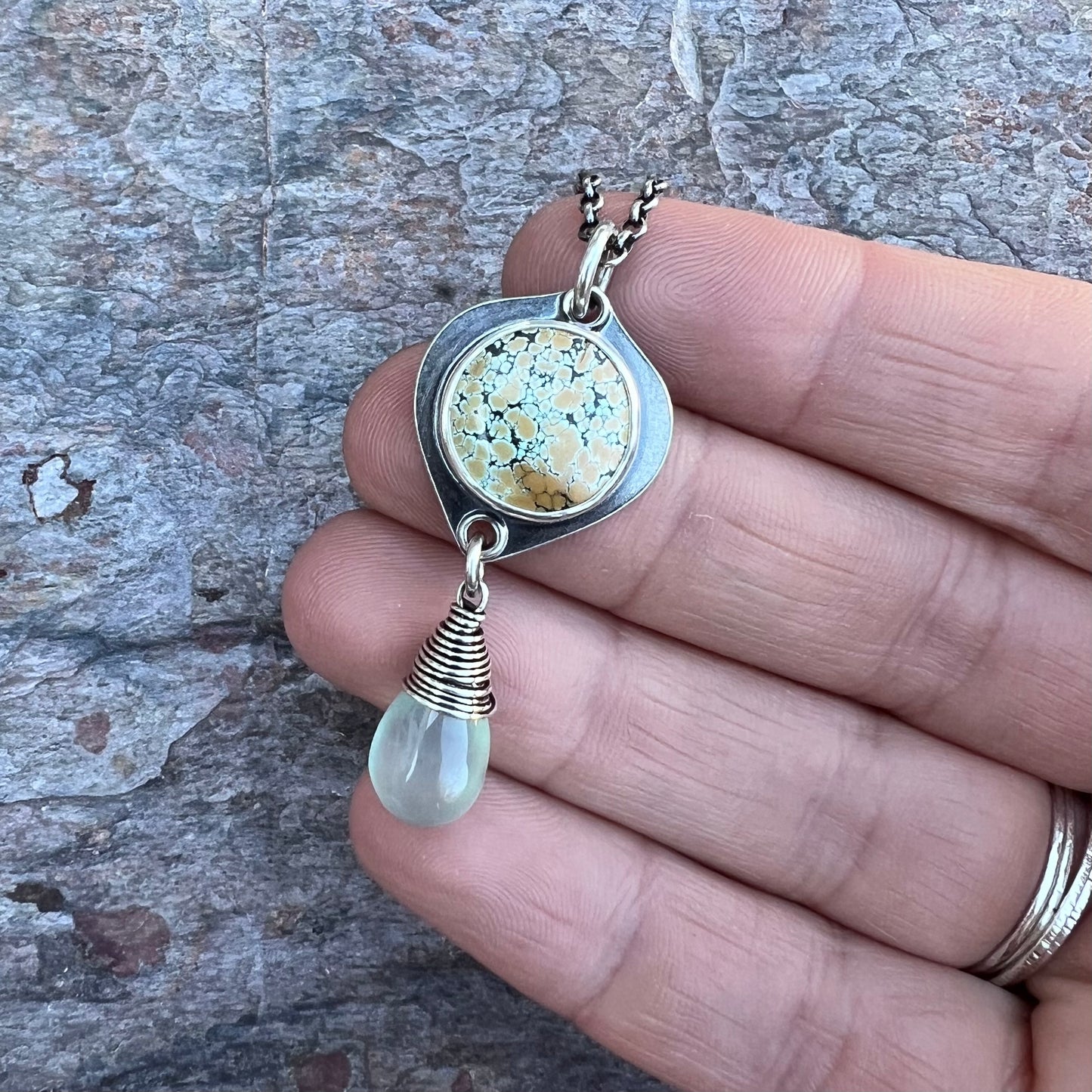 Turquoise and Chalcedony Sterling Silver Necklace - Handmade One-of-a-kind Pendant on Sterling Silver Chain