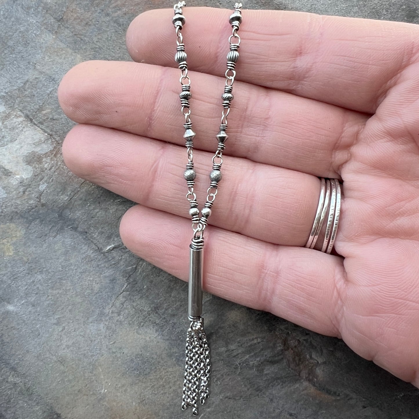 Sterling Silver Beaded Tassel Necklace | Long Wire-Wrapped Drop Pendant
