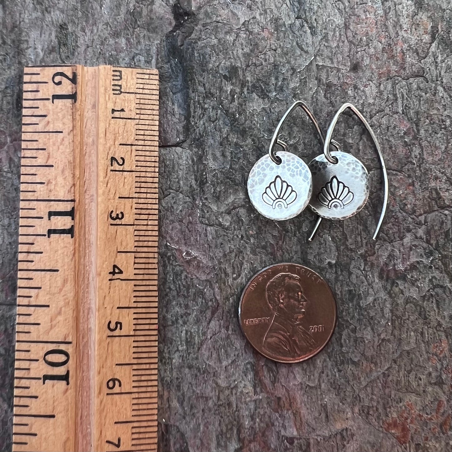 Sterling Silver Stamped Flower Petal Earrings | Small Hammered Circle Dangle Earrings