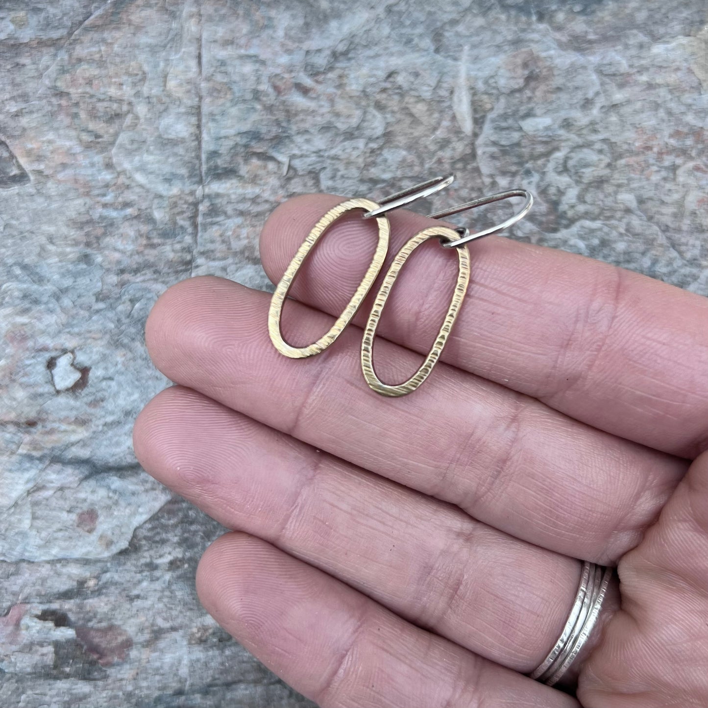 Brass and Sterling Silver Mixed Metal Earrings - Golden Brass Elongated Ovals on Handmade Sterling Silver Earwires