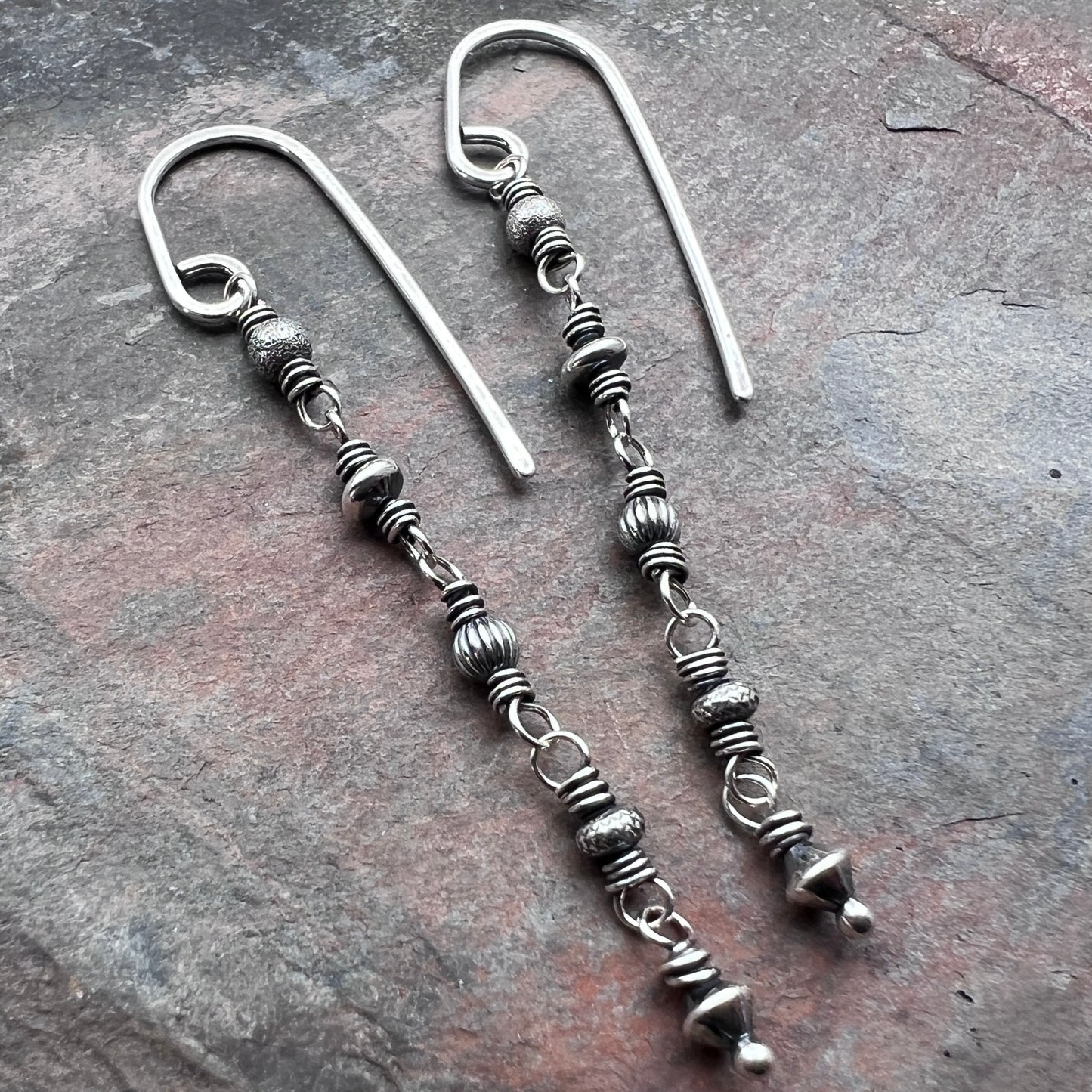 Sterling Silver Beaded Earrings | Wire-wrapped Lightweight Long Dangles
