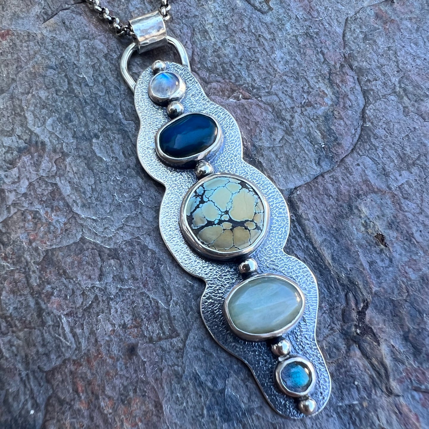 Rainbow Moonstone, Peruvian Opal, Turquoise, and Labradorite Sterling Silver Handmade One-of-a-kind Pendant Necklace
