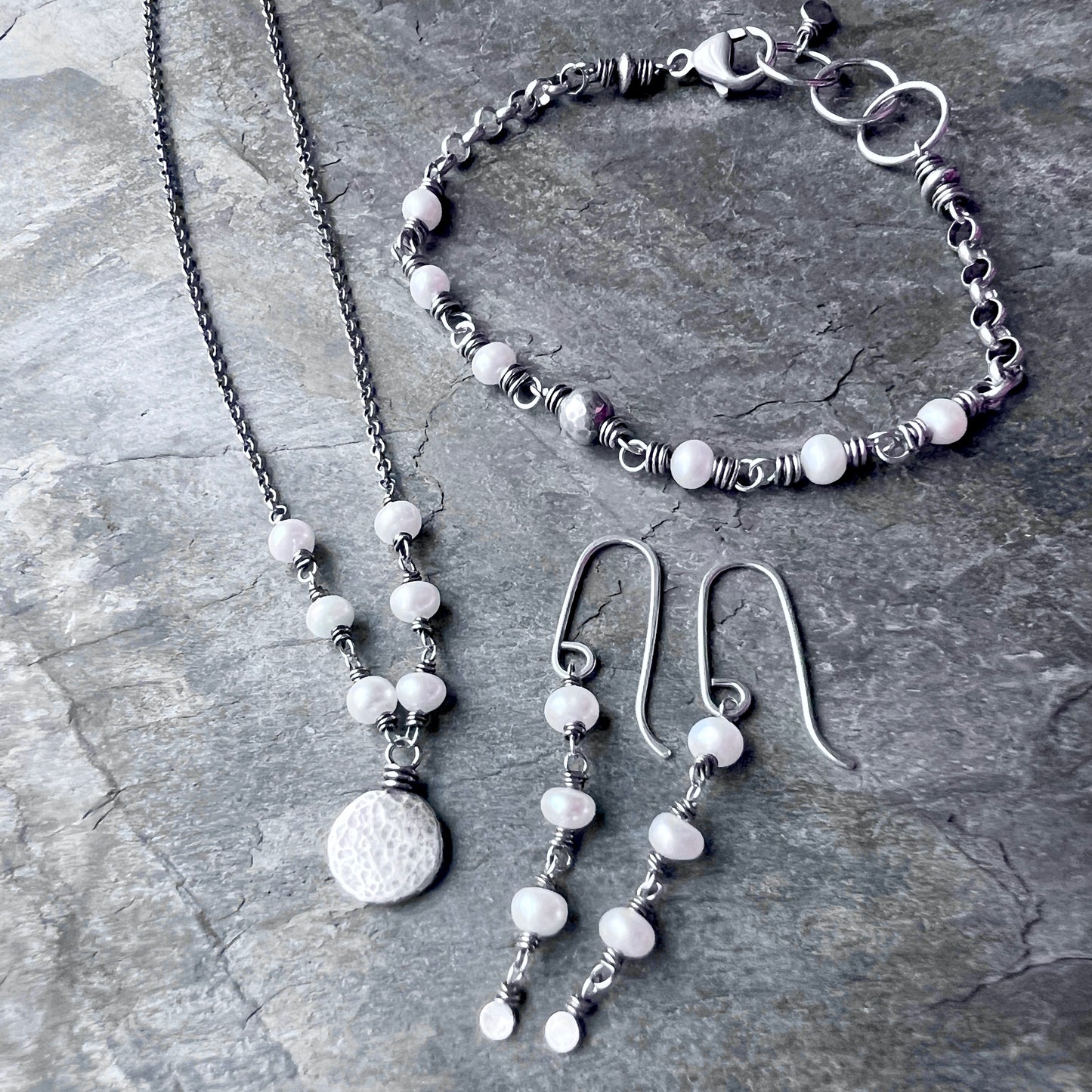 Sterling Silver Pearl Necklace | Wire-wrapped Pearls with Hammered Silver Pebble Pendant