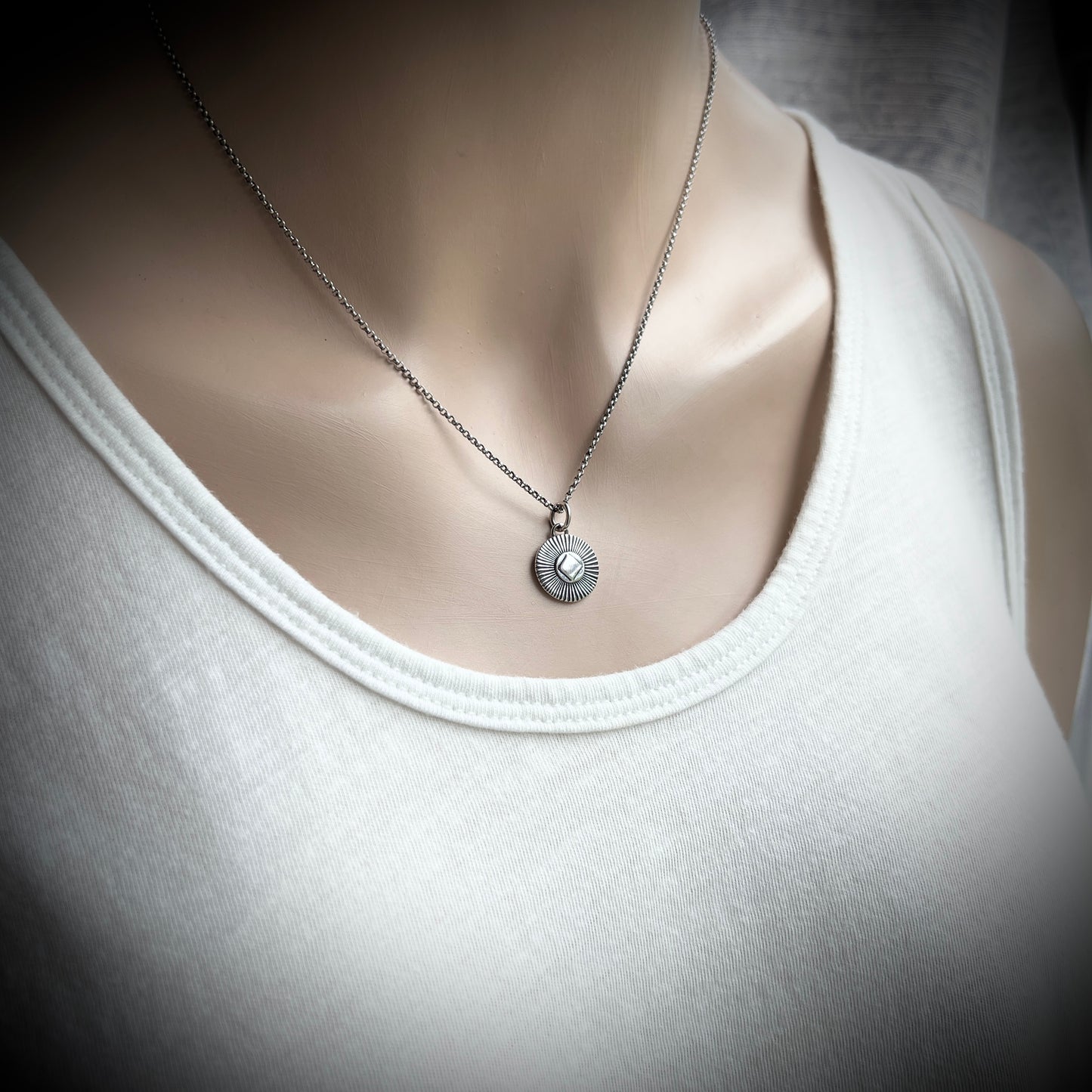 Sterling Silver Diamond Circle Necklace | Small Stamped Silver Pendant on Lightweight Chain