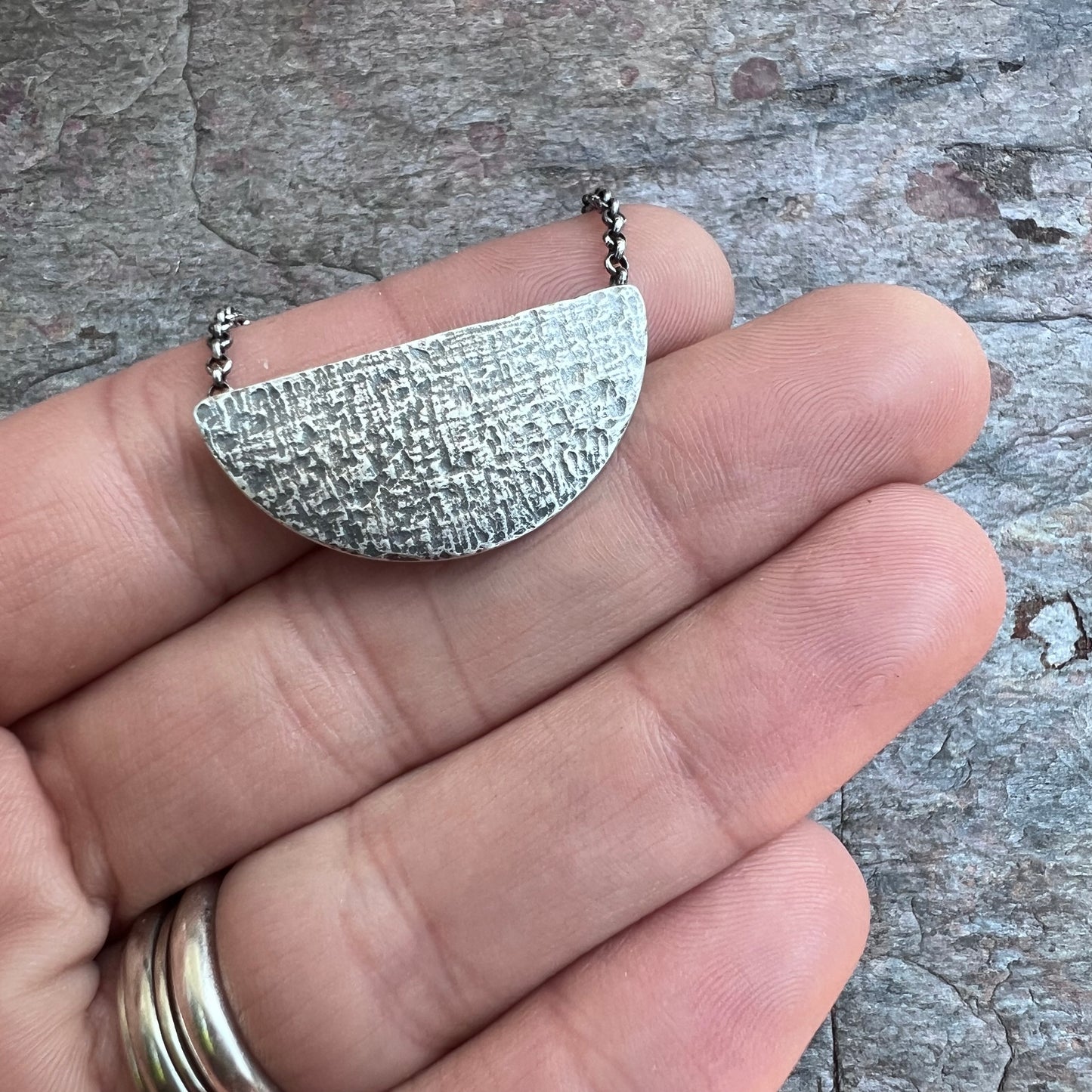 Sterling Silver Semicircle Necklace - Textured Half Moon Sterling Silver Pendant on Sterling Silver Chain