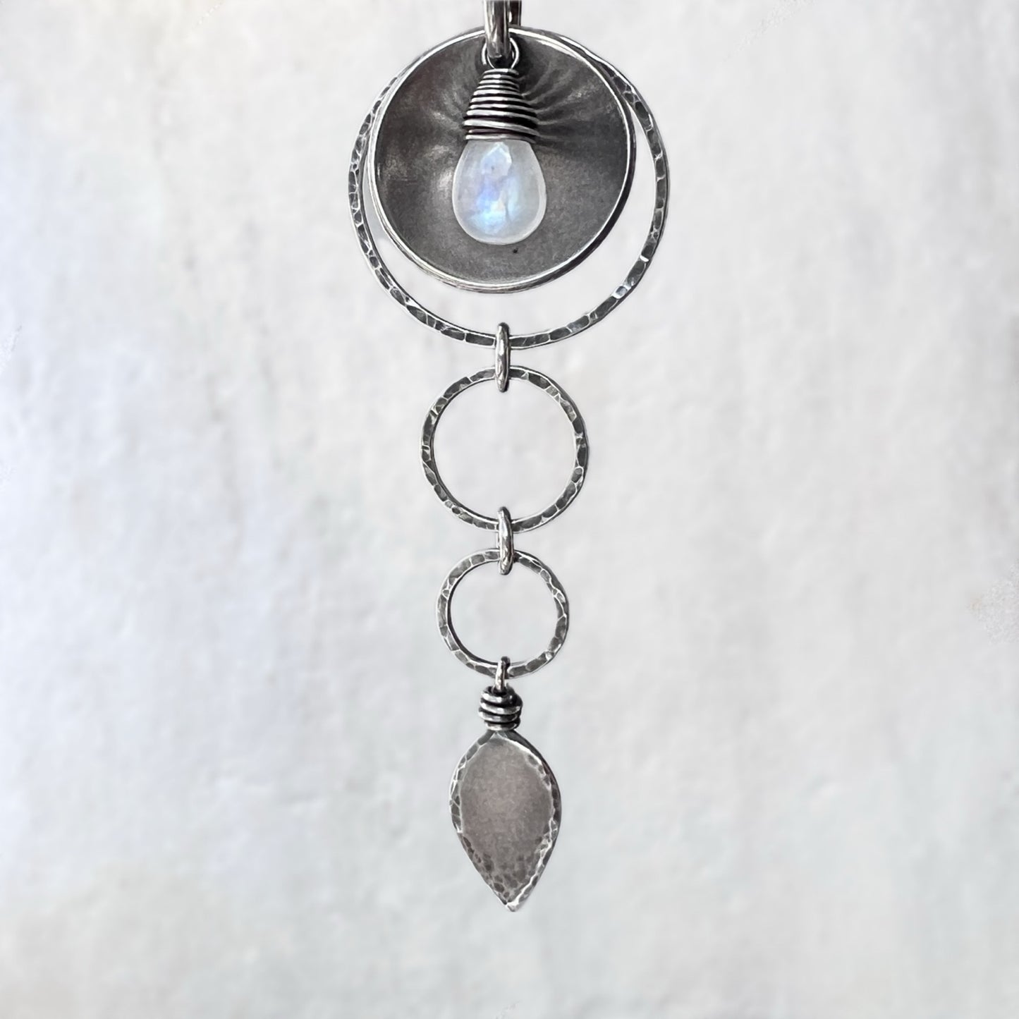 Sterling Silver Rainbow Moonstone Necklace | Hammered Silver Rings and Moonstone Pendant Necklace