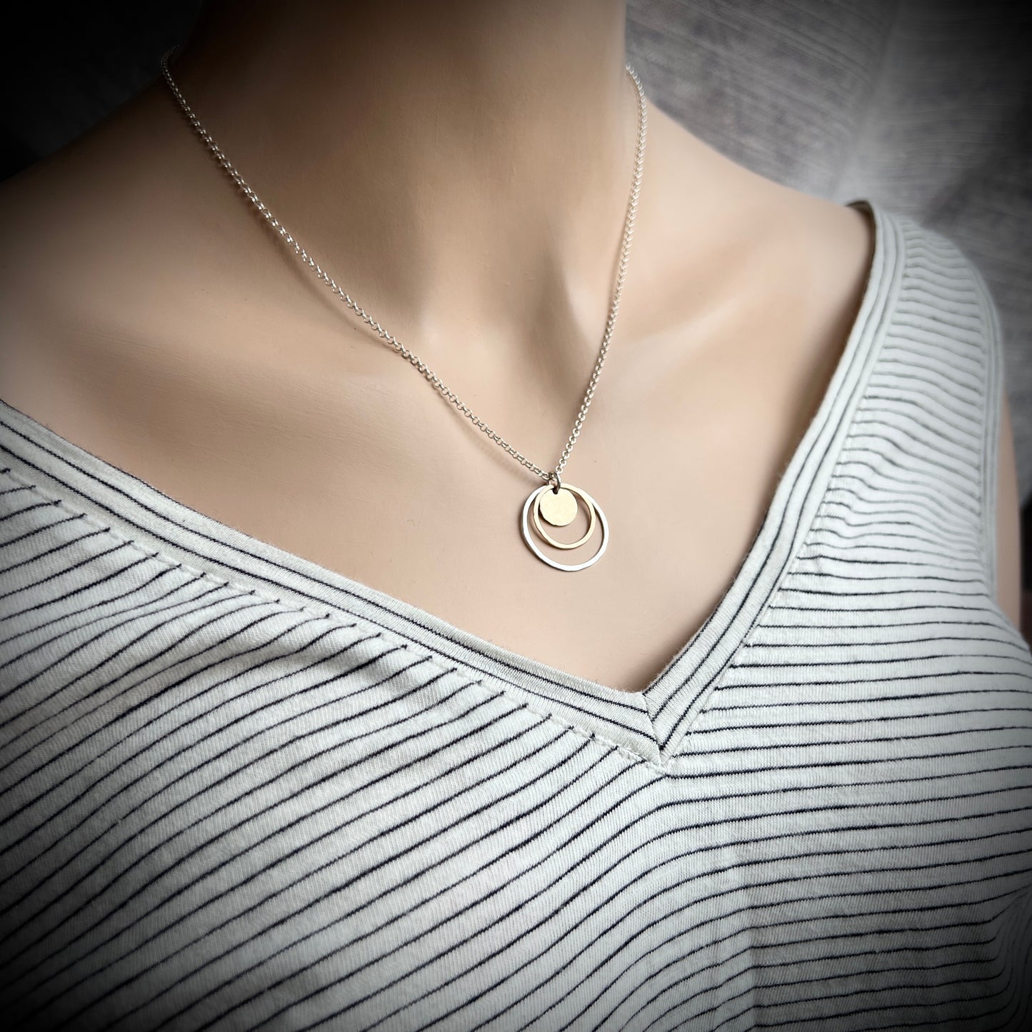 14k Goldfill and Sterling Silver Necklace | Mixed Metal Hammered Gold and Silver Circles Pendant Necklace