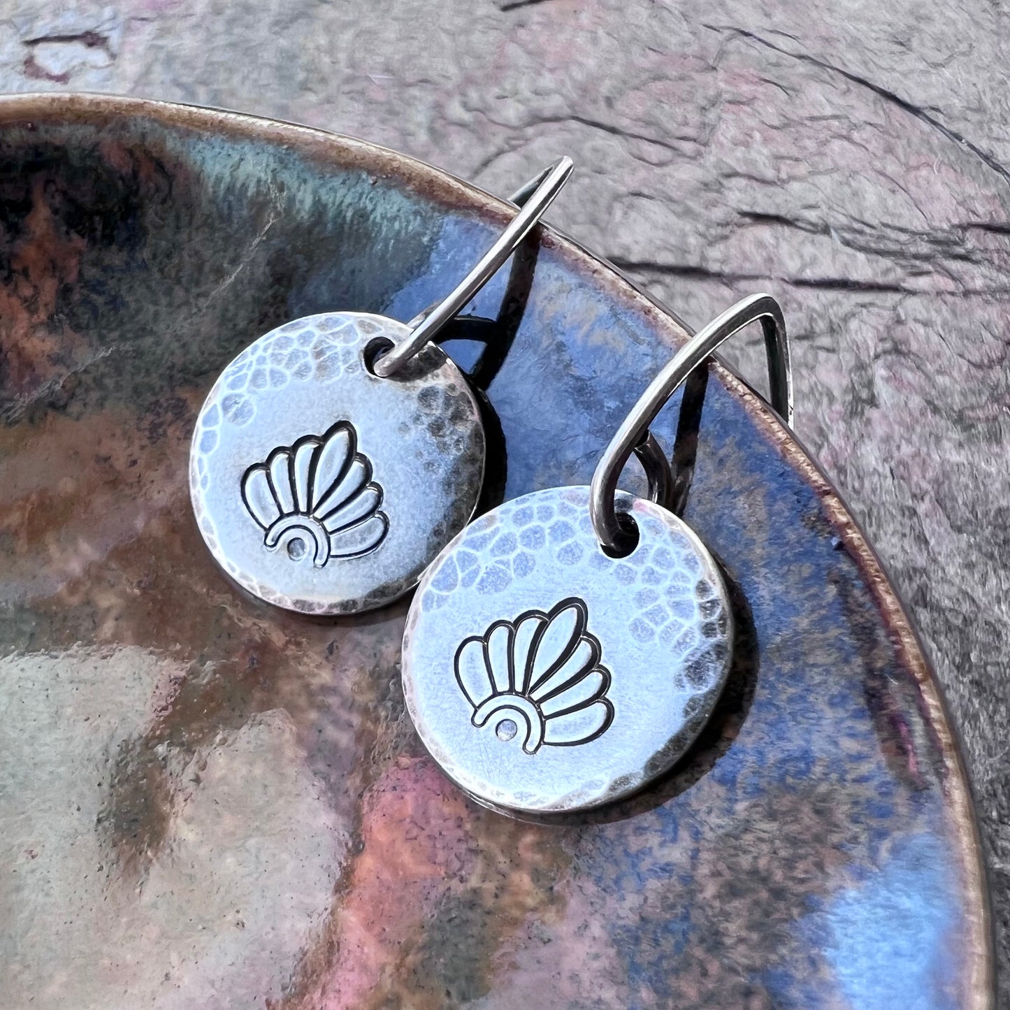 Sterling Silver Stamped Flower Petal Earrings | Small Hammered Circle Dangle Earrings