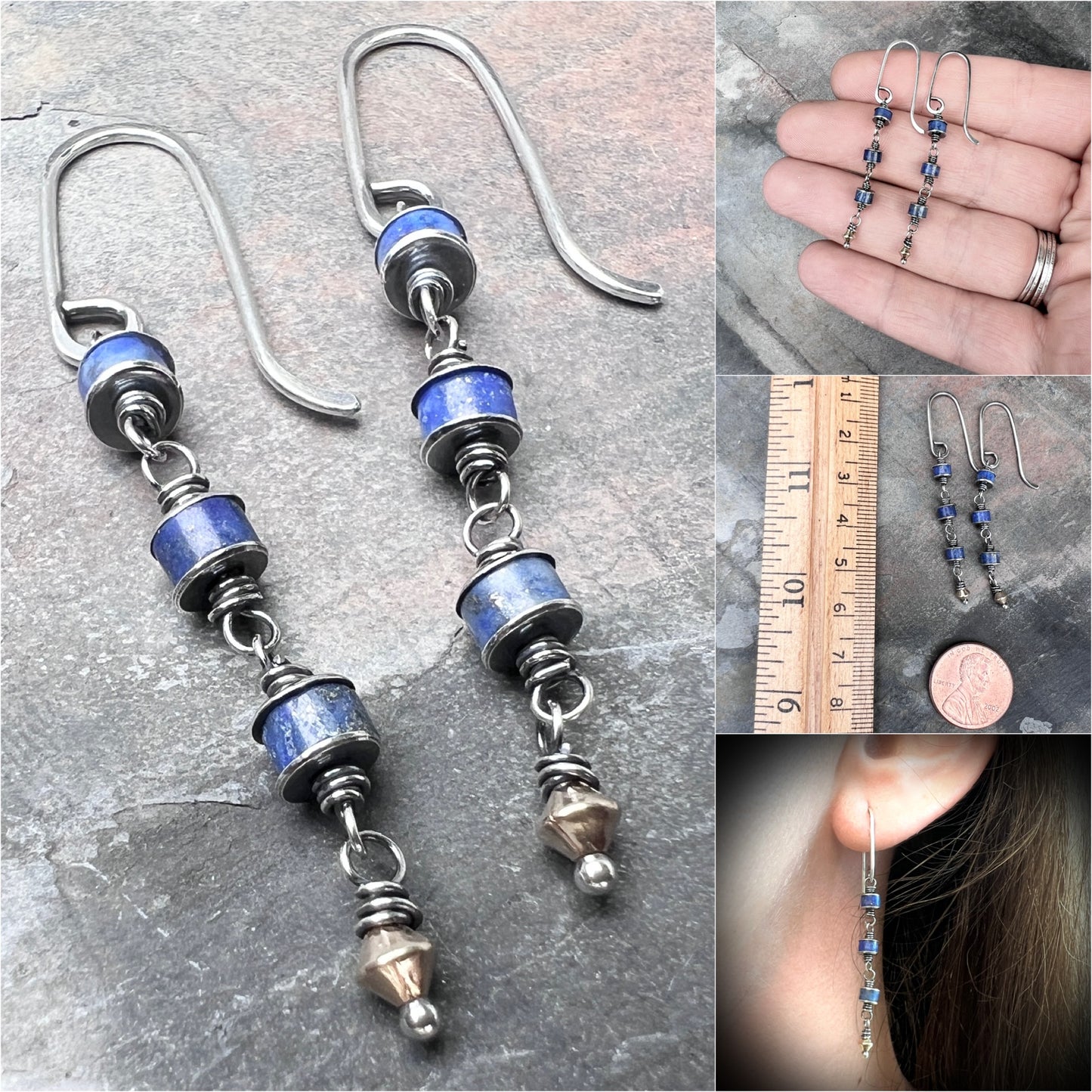 Sterling Silver Lapis Lazuli Earrings | Blue Natural Stone Wire-wrapped Dangle Earrings