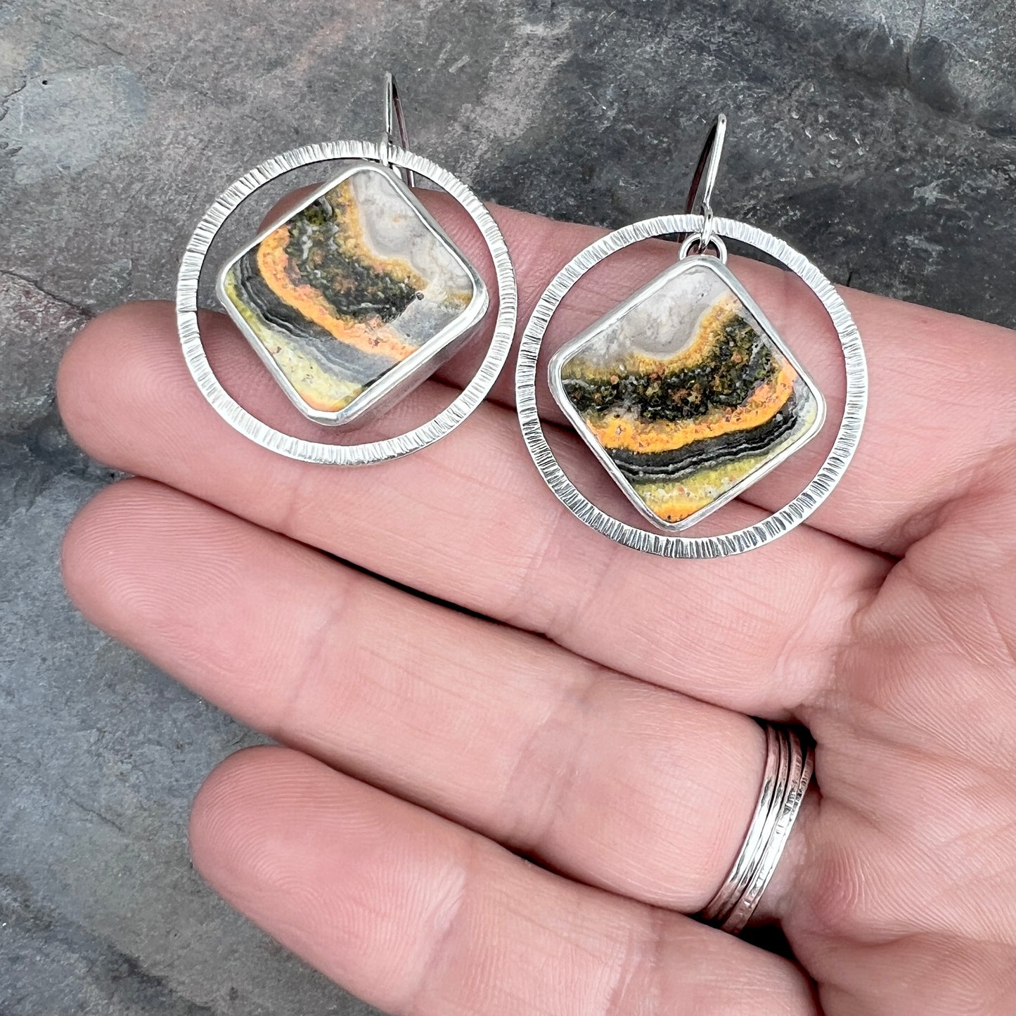 Sterling Silver Bumble Bee Jasper Earrings | Natural Stone Statement Earrings