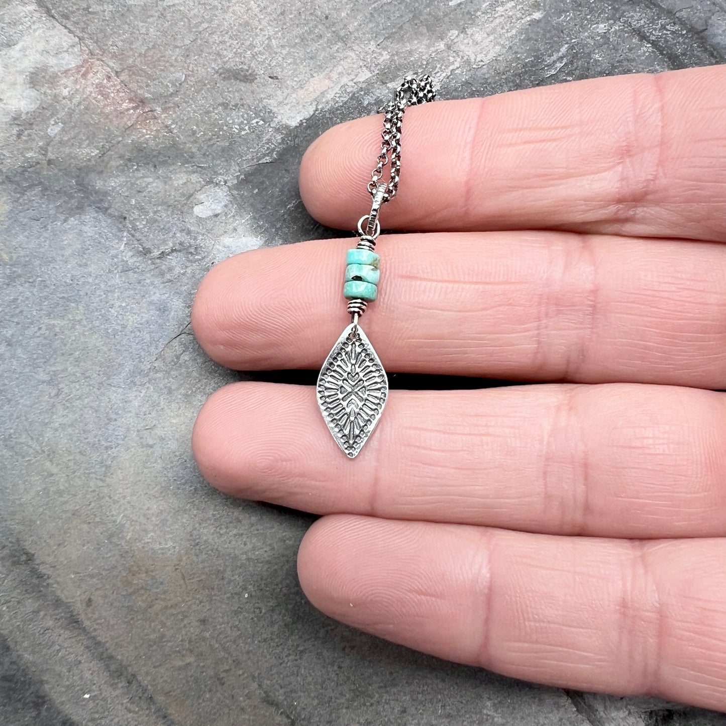 Genuine Turquoise Sterling Silver Necklace | Natural Stone Beads with Stamped Pendant