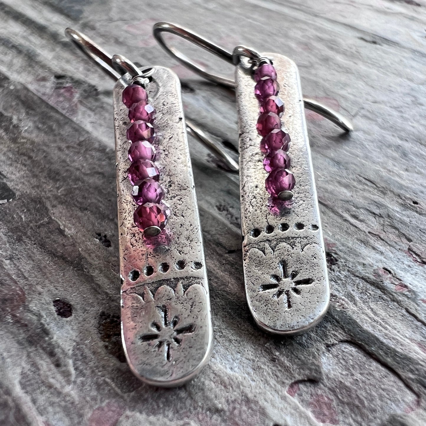 Garnet Sterling Silver Earrings | Stamped Silver and Genuine Garnet Elongated Dangles