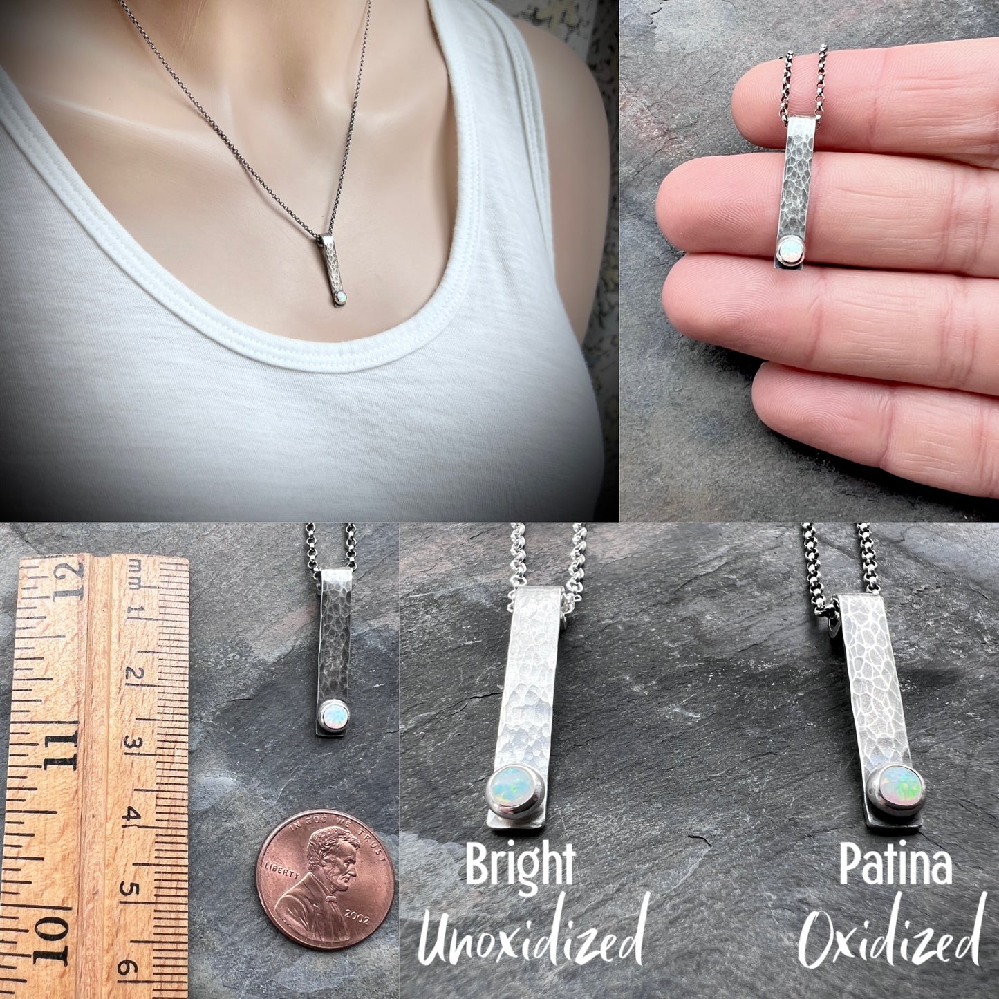 Opal and Sterling Silver Bar Necklace - Hammered Sterling Silver Bar and Simulated Opal Cabochon Pendant Necklace
