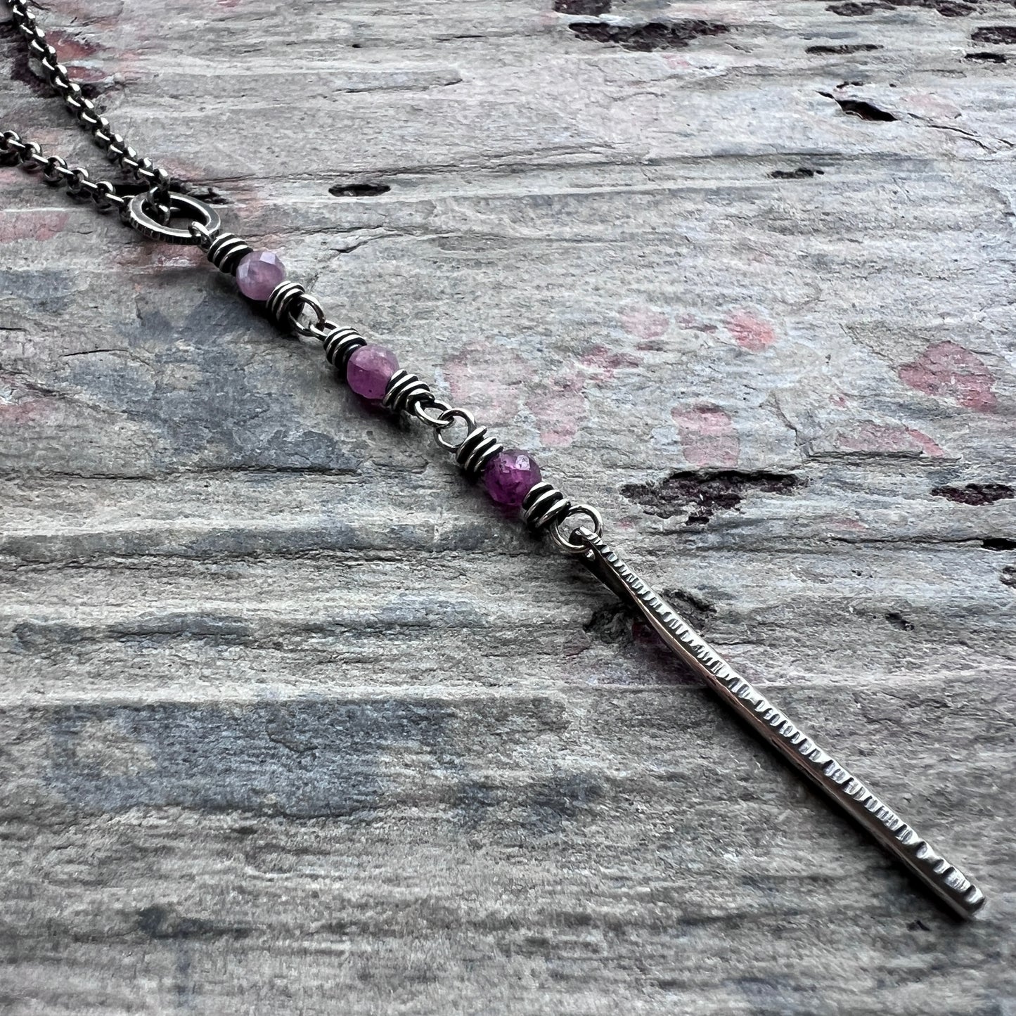 Customizable Sterling Silver Birthstone Necklace | Genuine Gemstone and Dainty Hammered Bar Pendant