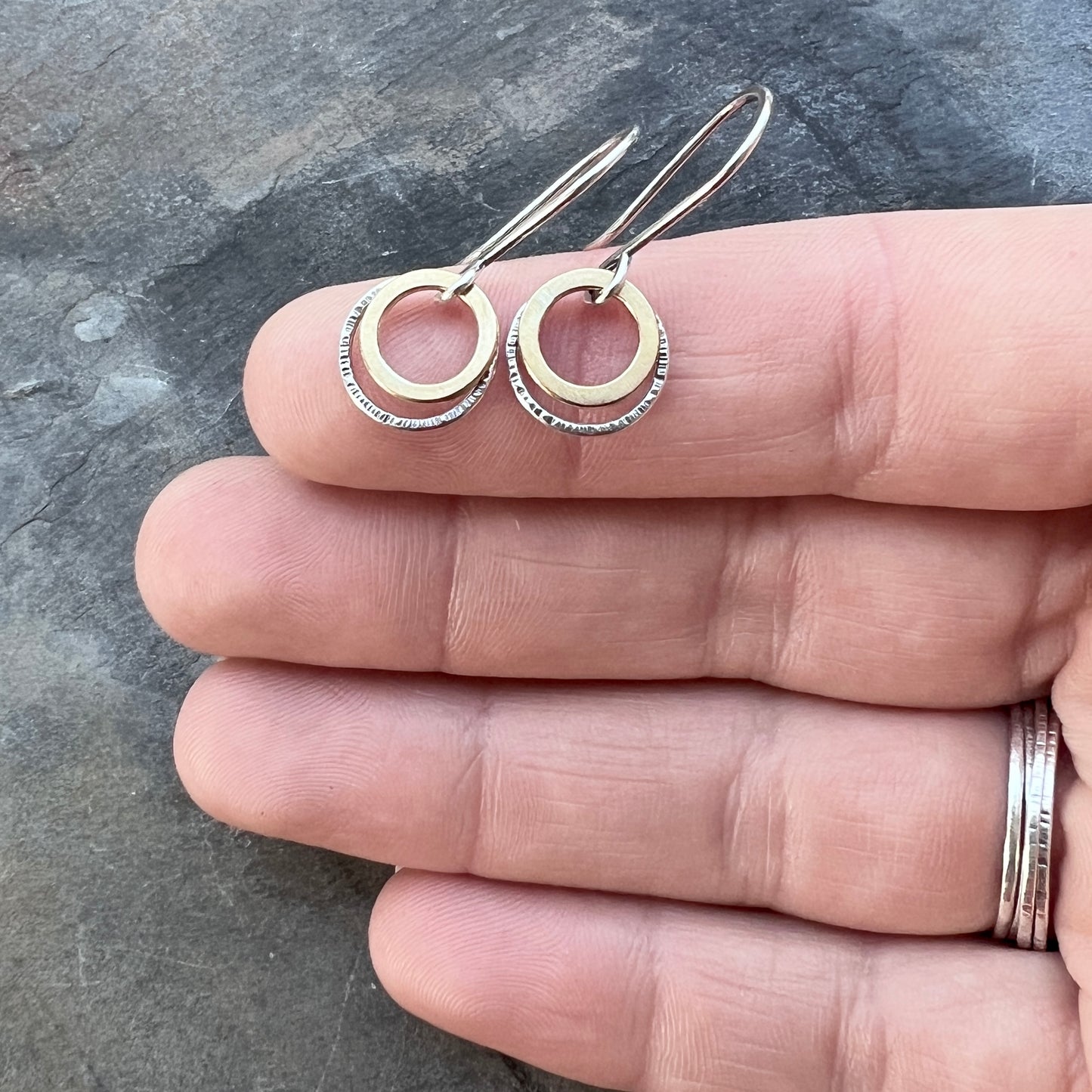 Sterling Silver and Brass Earrings | Mixed Metal Tiny Ring Dangles