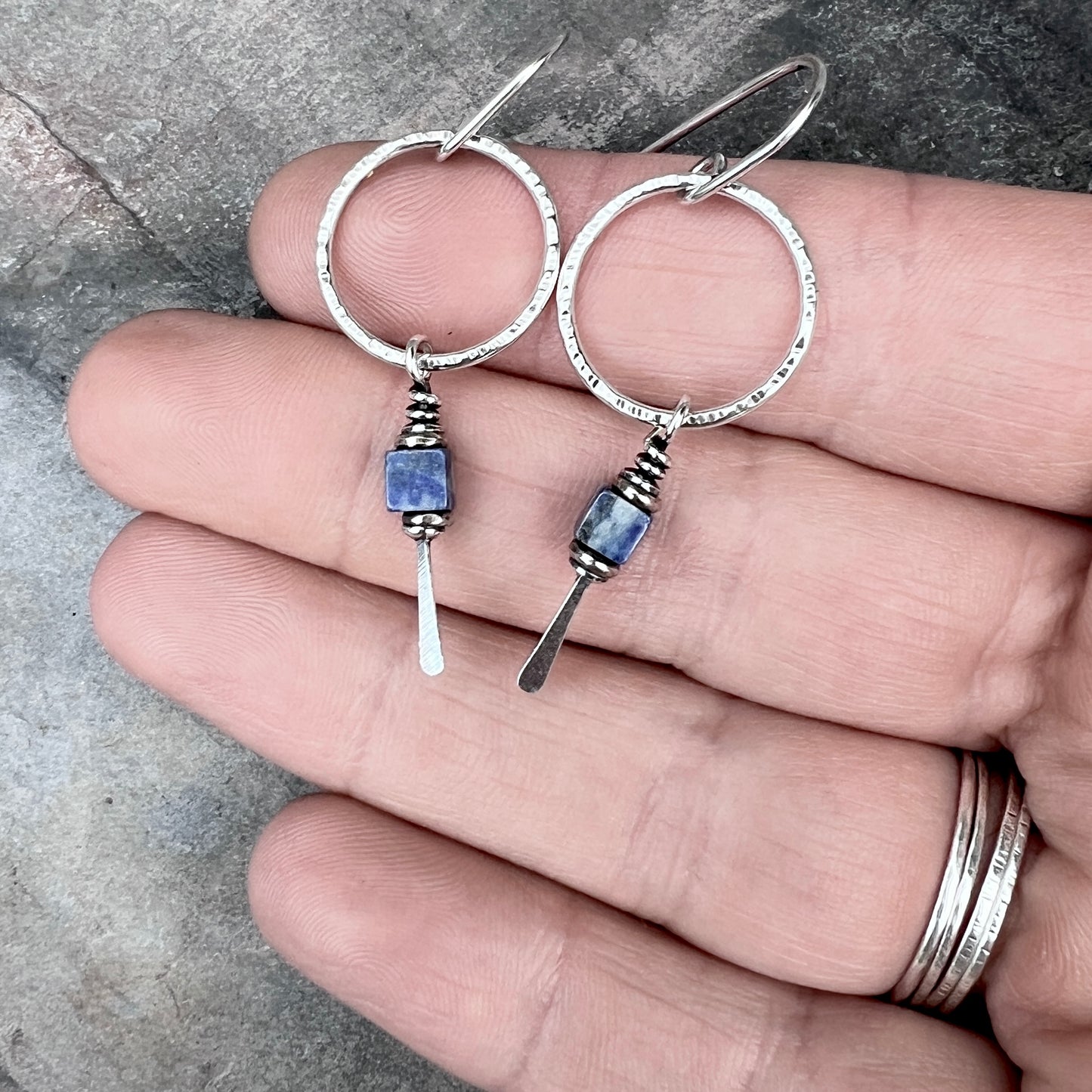 Sterling Silver Lapis Lazuli Earrings | Blue Natural Stone Dangle Hoops