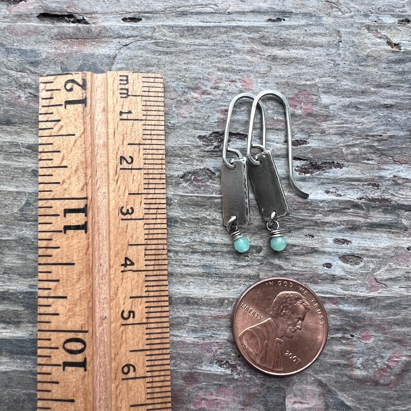 Customizable Sterling Silver Birthstone Earrings | Tiny Genuine Gemstone on Small Silver Bar Dangle Earrings