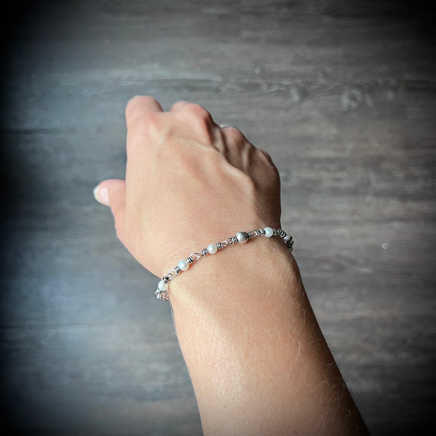 Sterling Silver Pearl Bracelet | Wire-wrapped Natural Pearl and Hammered Ball Bracelet