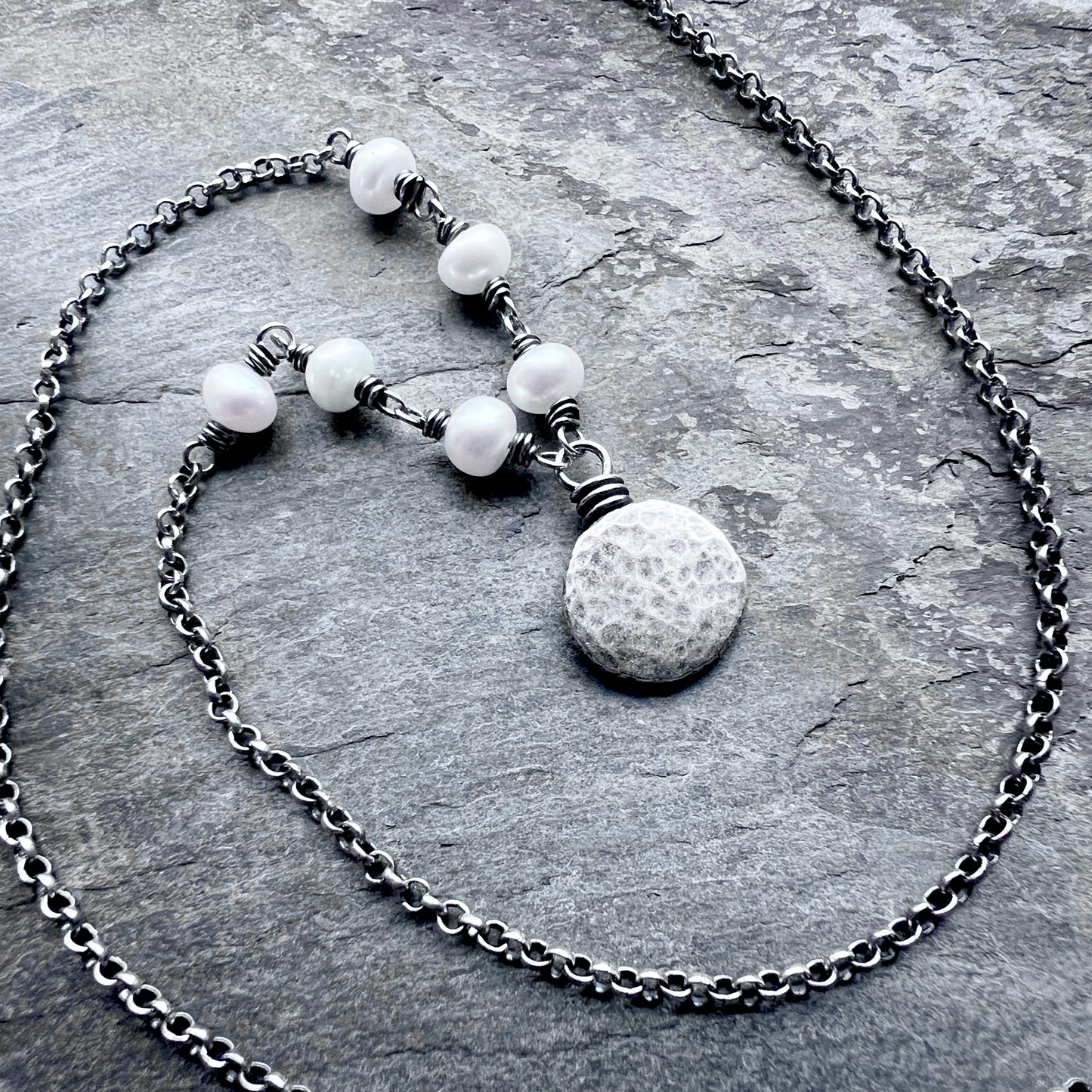 Sterling Silver Pearl Necklace | Wire-wrapped Pearls with Hammered Silver Pebble Pendant