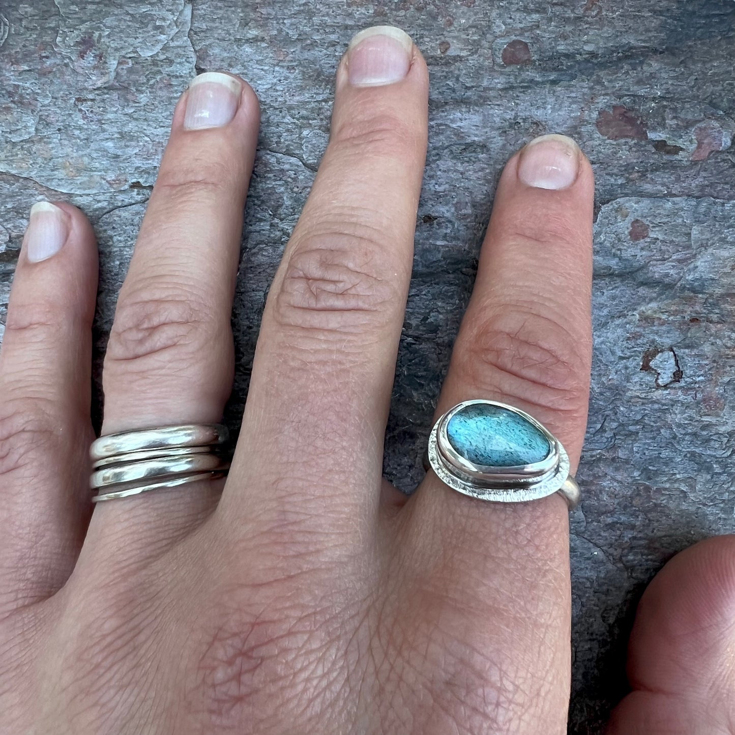 Labradorite Sterling Silver Ring - Handmade One-of-a-kind Labradorite Ring on Silver Silver Band - Size 8