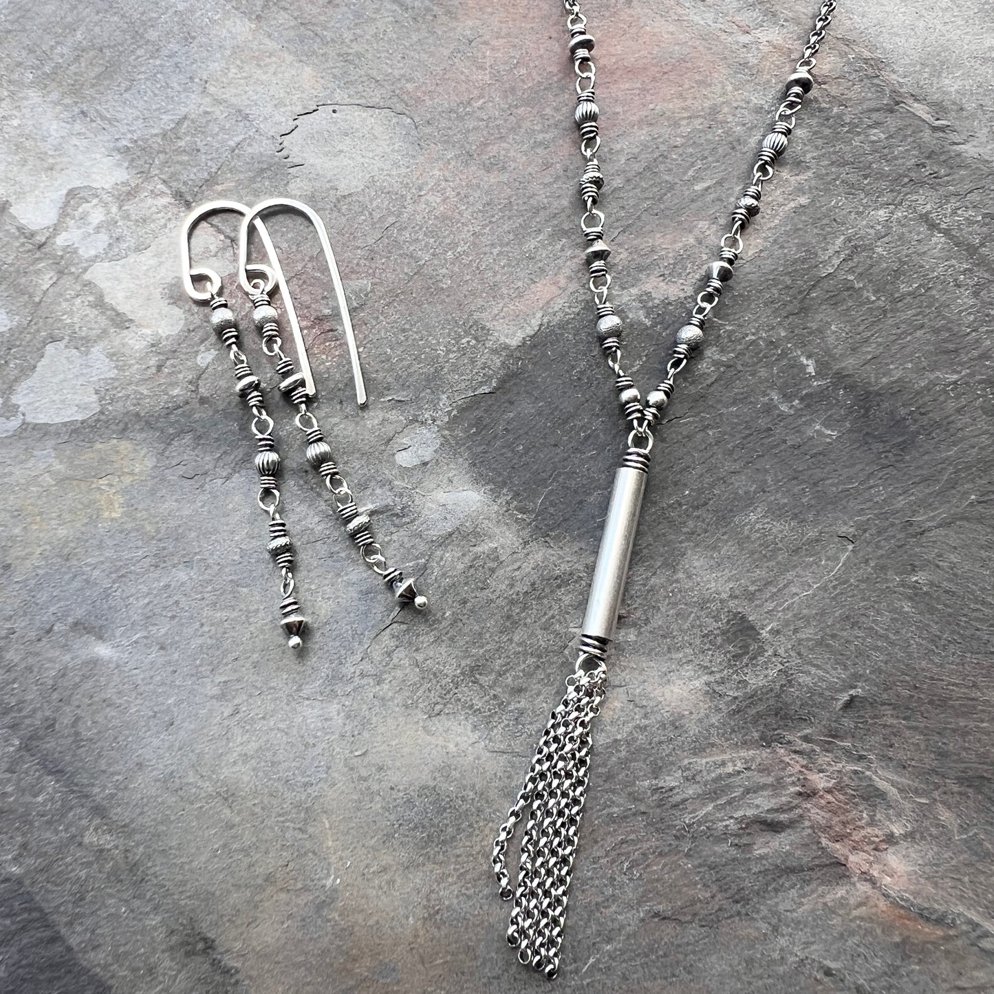 Sterling Silver Beaded Tassel Necklace | Long Wire-Wrapped Drop Pendant