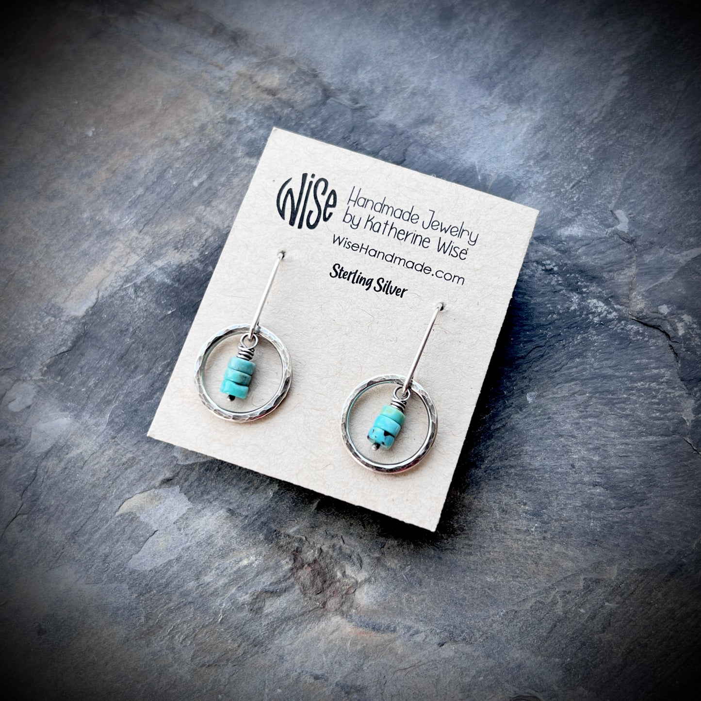 Turquoise Sterling Silver Earrings - Genuine Turquoise in Hammered Circles