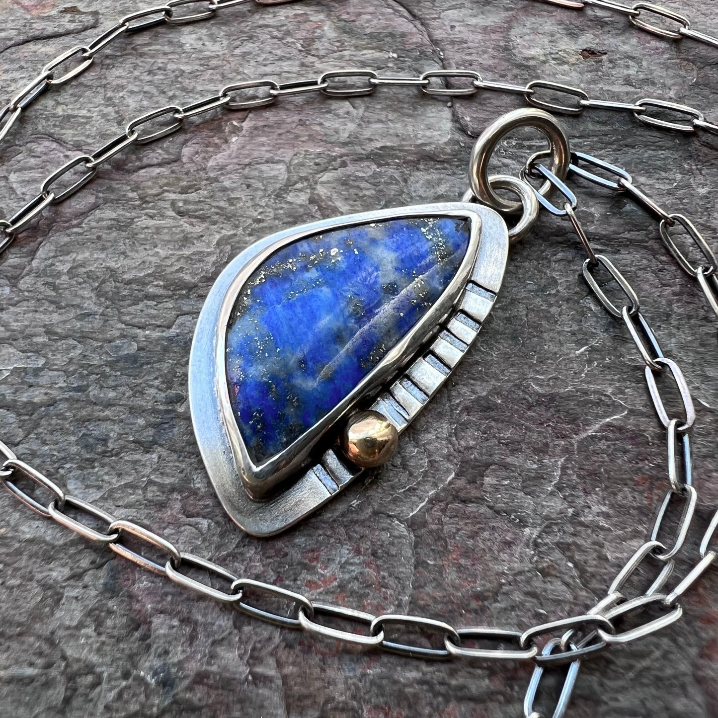 Sterling Silver Lapis Necklace One of a Kind Natural Stone Freeform Blue Pendant
