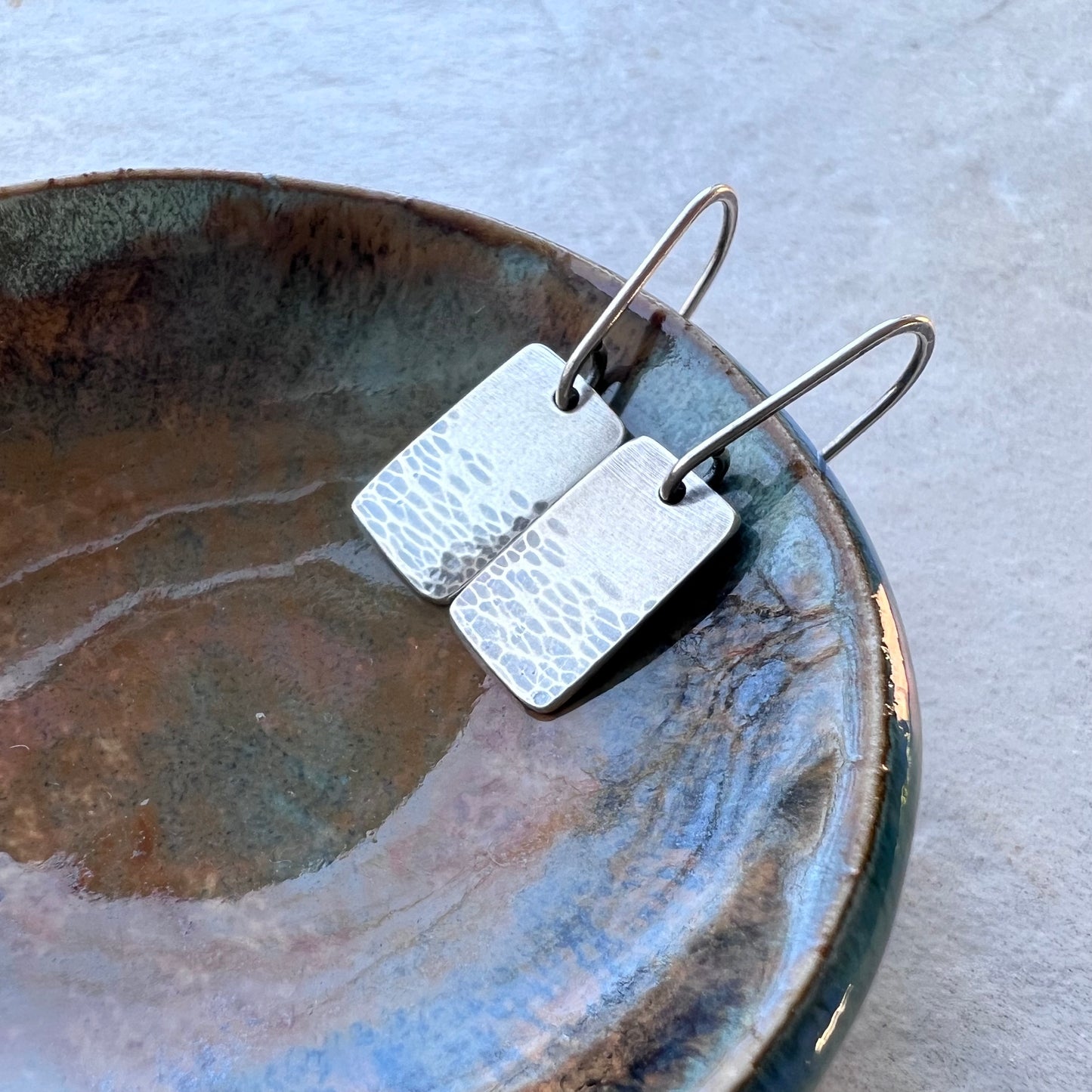 Rectangle Sterling Silver Earrings Solid Silver Hammered Rectangular Small Everyday Earrings